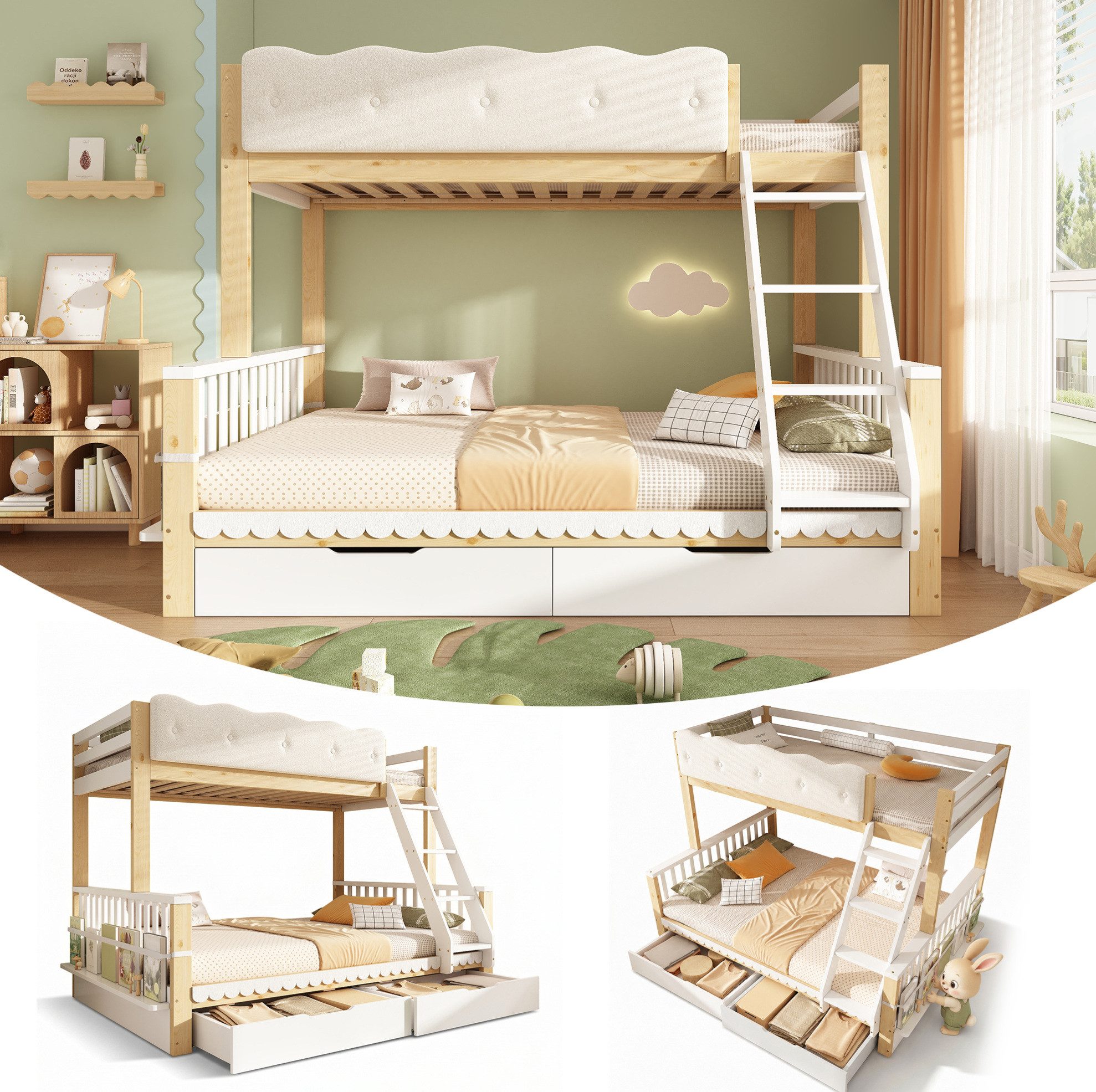 OKWISH Etagenbett Kinder-Hausbett mit Schubladen & Zeitschriftenständer (Packung, Weiß, 90×200 / 140×200 cm, mit zwei Matratze), 2 Betten, Wolken-Geländer, schräge Leiter