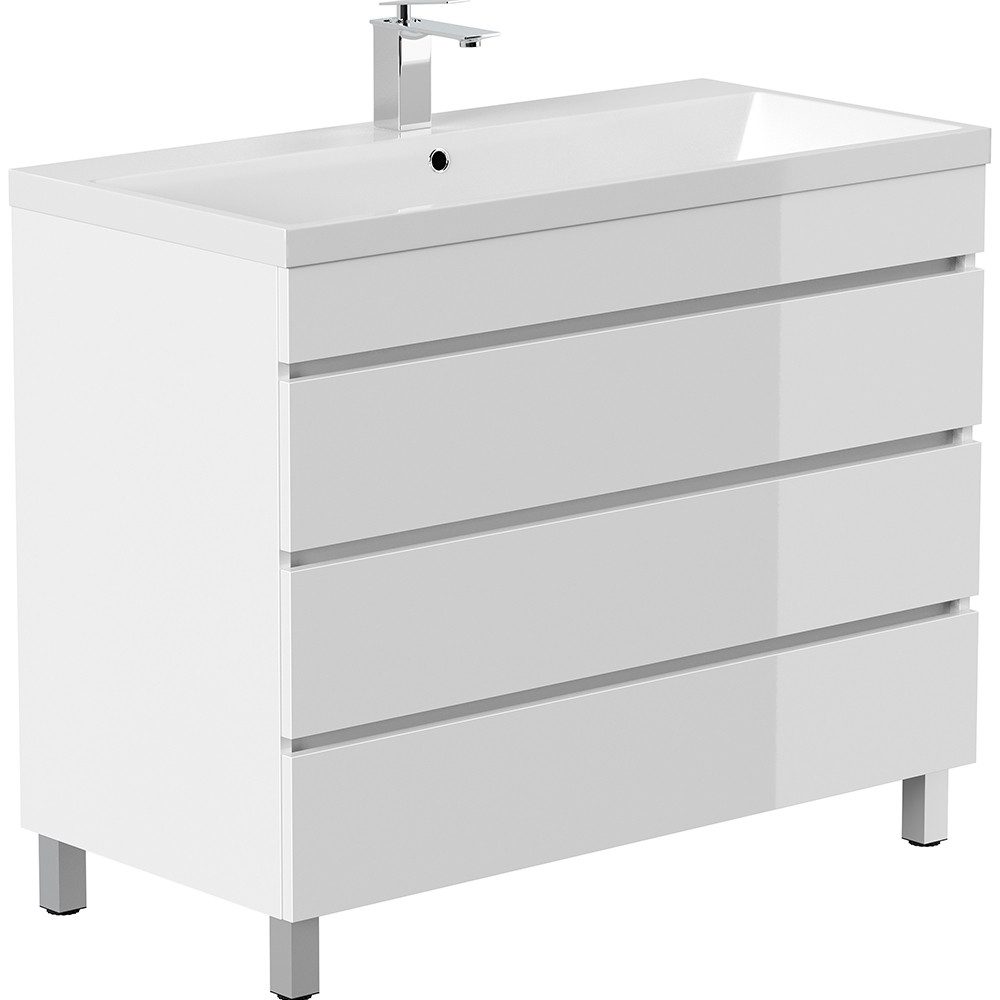 Lomadox Waschtisch FROME-02, 100 cm, weiß Hochglanz, stehend, mit 3 Schubladen