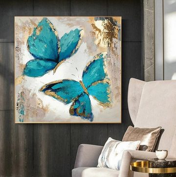TPFLiving Kunstdruck (OHNE RAHMEN) Poster - Leinwand - Wandbild, Türkisene Schmetterlinge vor goldenem und beigen Hintergrund (Verschiedene Größen), Farben: Leinwand bunt - Größe: 20x20cm