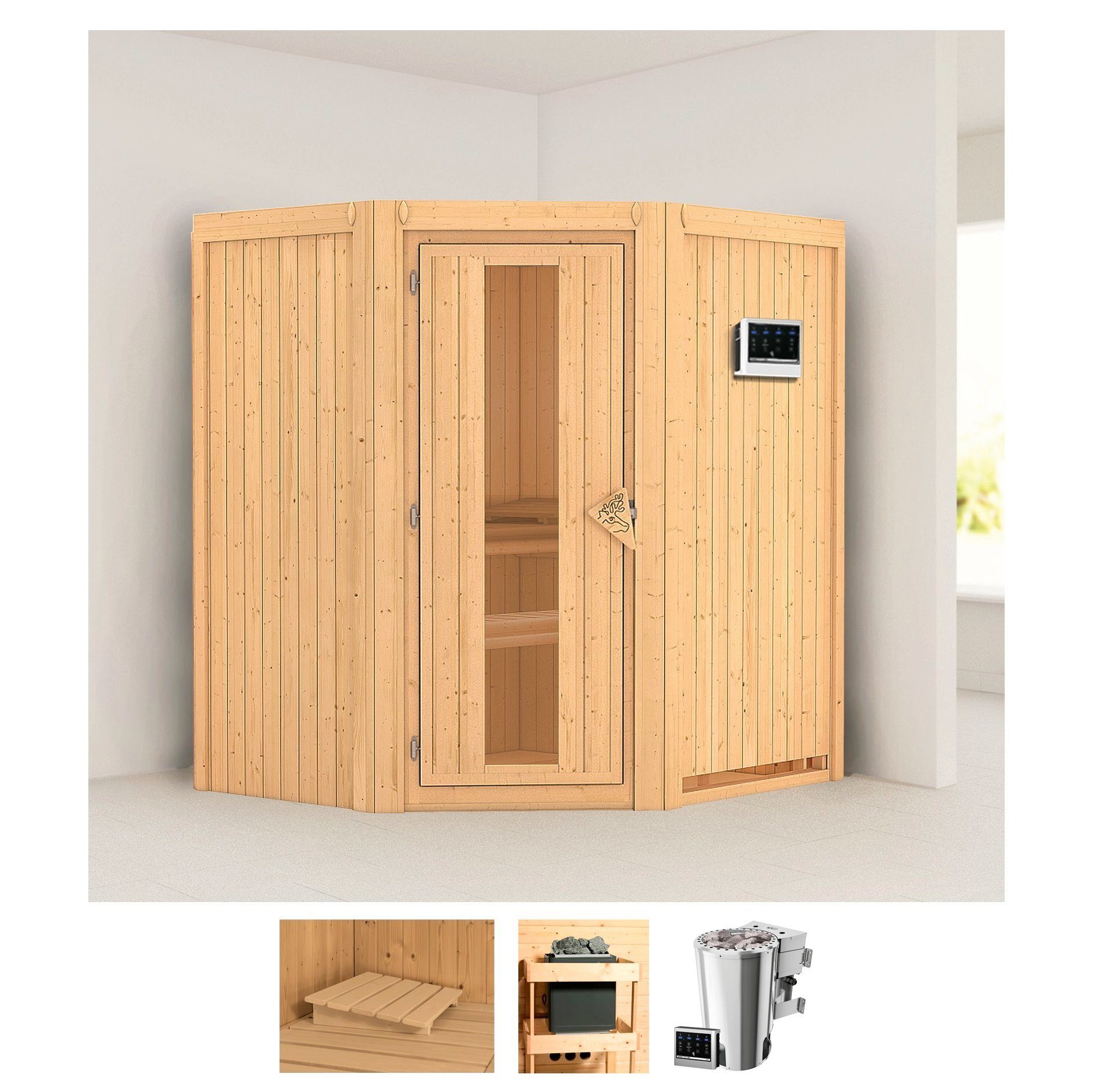 Karibu Sauna Tomke, BxTxH: 170 x 151 x 198 cm, 68 mm, (Set) 3,6-kW-Bio-Plug & Play Ofen mit externer Steuerung