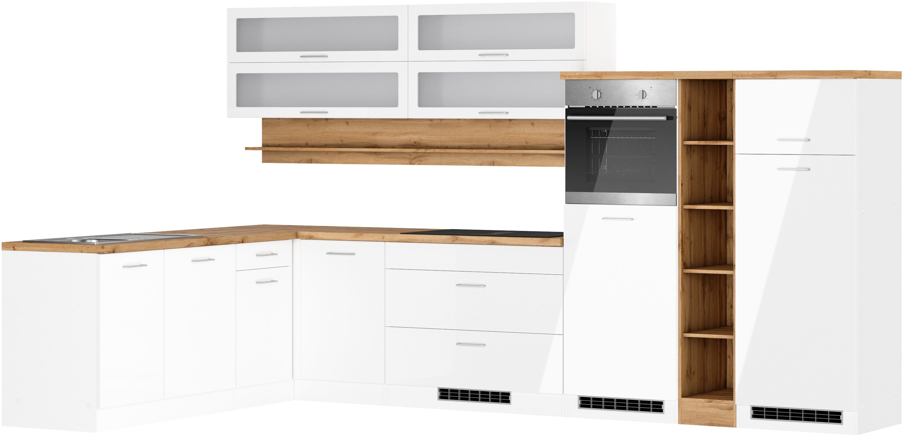 KOCHSTATION Winkelküche KS-Milan, optional mit Muldenlüfter, Stellbr.360/220 cm, wahlweise mit E-Geräten, Kochfeld mit Dunstabzug