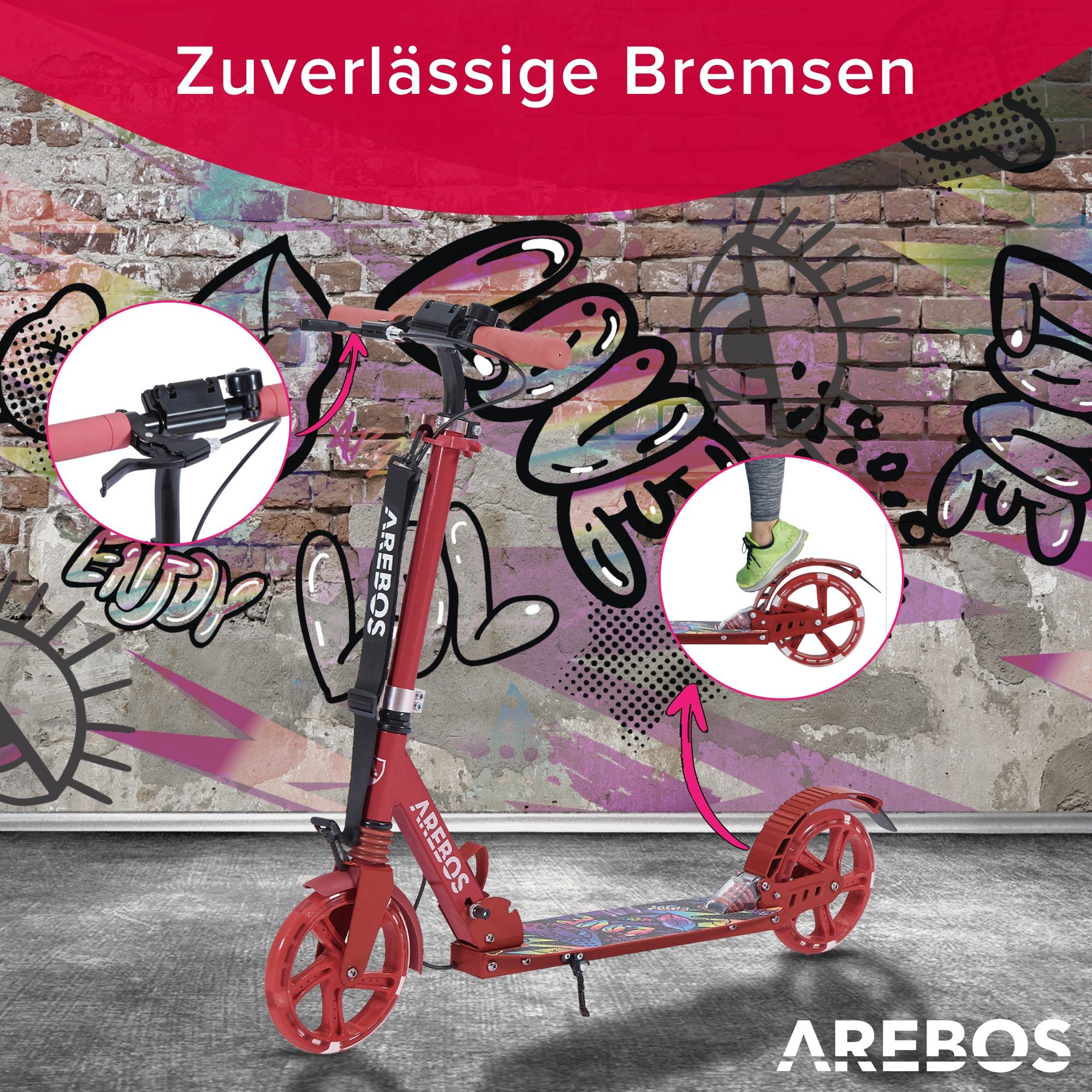 Arebos Tretroller LED-Reifen, faltbar, höhenverstellbar, inkl.Klinge l& Bremsen 100 kg, LED-Reifen: Leuchten während der Fahrt, für mehr Sichtbarkeit und Spaß