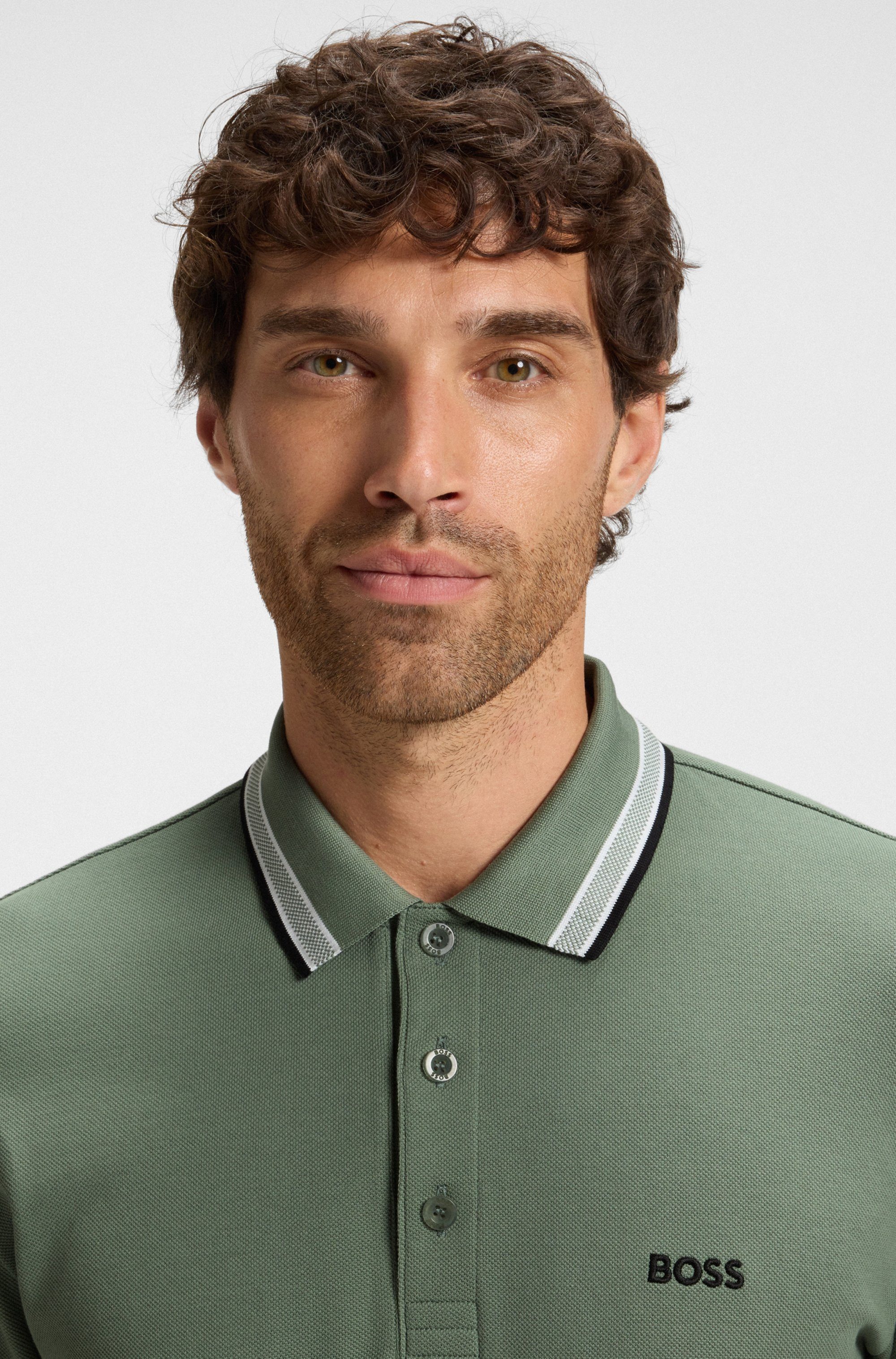 BOSS GREEN Langarm-Poloshirt Plisy mit Streifen am Kragen günstig online kaufen