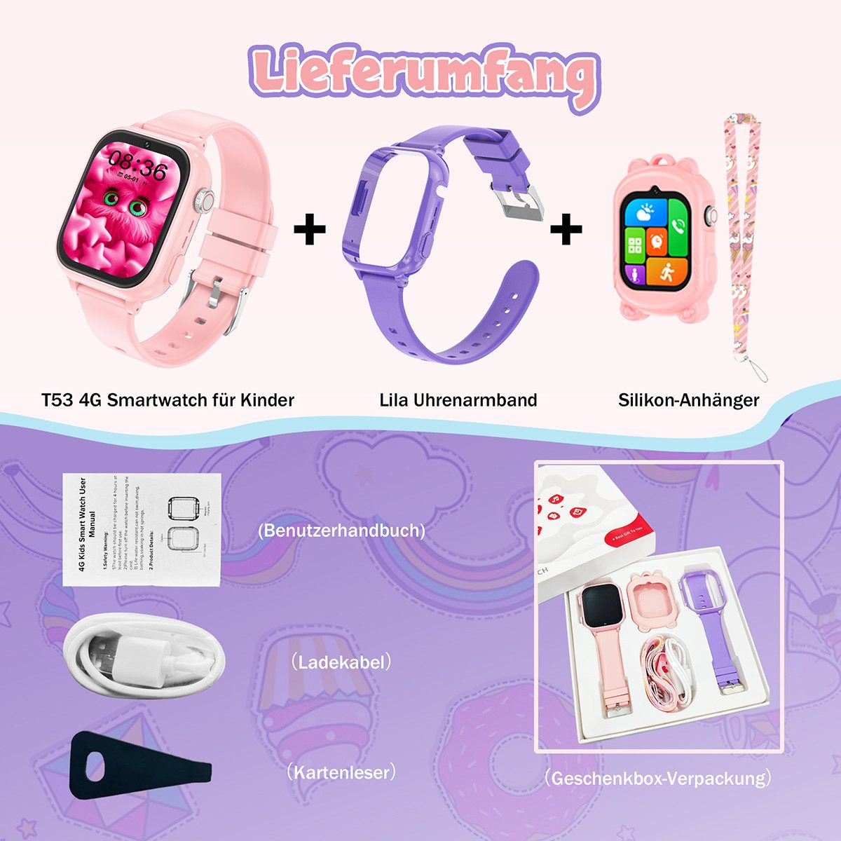 Vashoy 2026 Kinderuhr T53Neue Smartwatch Kinder mit GPS, Kameras, Smartwatch (5 cm/1.83 Zoll, Android/4G (LTE) 4G Telefonfunktionen Smartwatch, 7-tlg., Verschiedene Gehäusevarianten, Mit App-Download-Funktion, Schulmodus,Geschenke für Kinder im Alter von 5 bis 16 Jahren