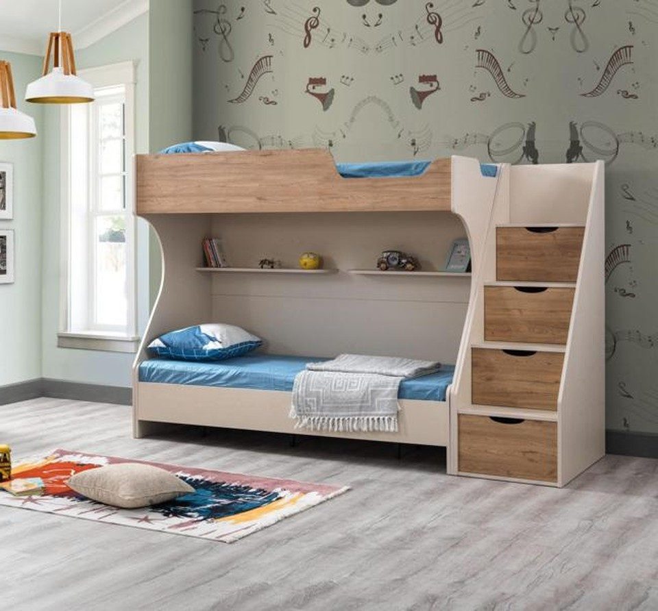 Xlmoebel Etagenbett XLMOEBEL Jugendbett aus Holz mit Schubladen und Regalfächern, Made in Europa
