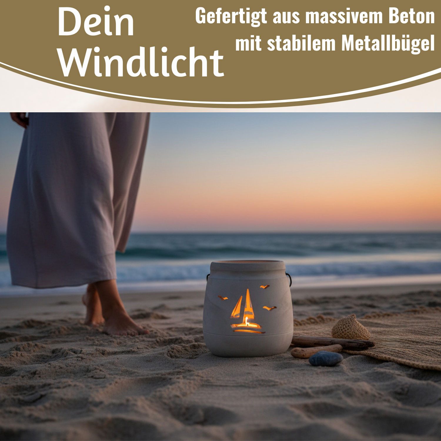 LS-LebenStil Windlicht Beton Segelboot 13cm Shabby Grau Maritim Teelichthalter Kerzenhalter (1 St., Kerzenhalter / Laterne mit Henkel, Tischdeko, Maritime outdoor Deko), Gartenlaterne für draußen, Sommerdeko, Kerzenständer Geschenk