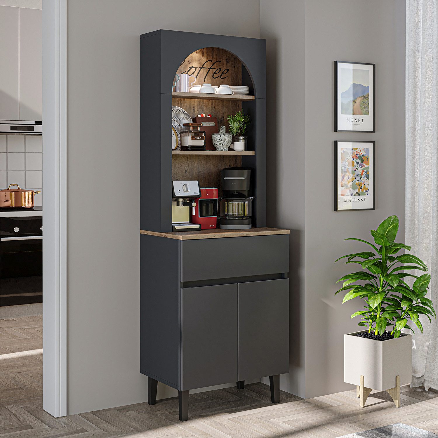 Roomart Küchenregal VENEDIK Küchenschrank 60 cm, Buffet, Schublade in 4 Farben, Buffet- & Mehrzweckschrank, LED Bogennische, Schublade, 4 Farben, 18 mm Platten