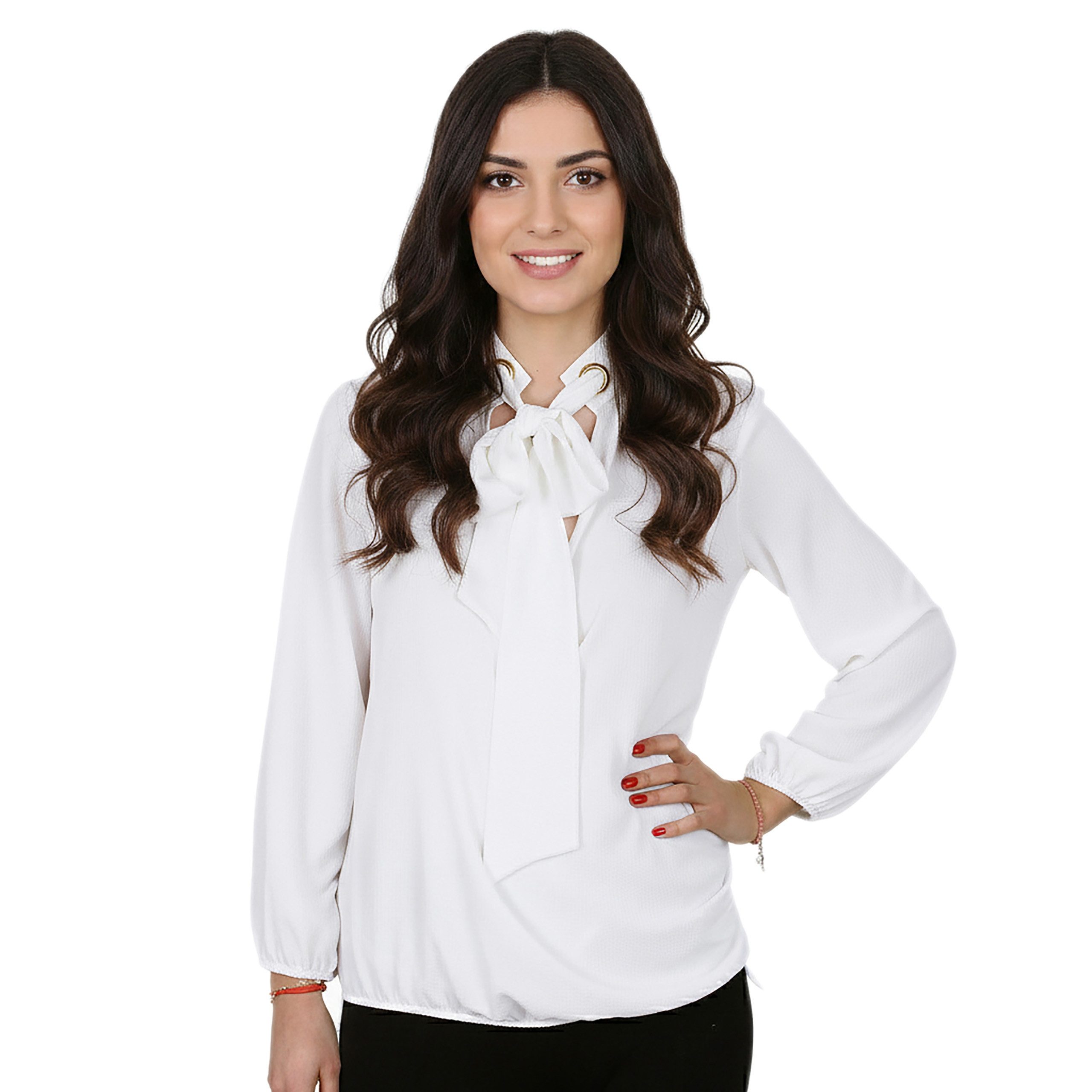 Sarcia.eu Blusentop John Zack elegante weiße Damenbluse mit Nackenband, langarm, OFFICIAL