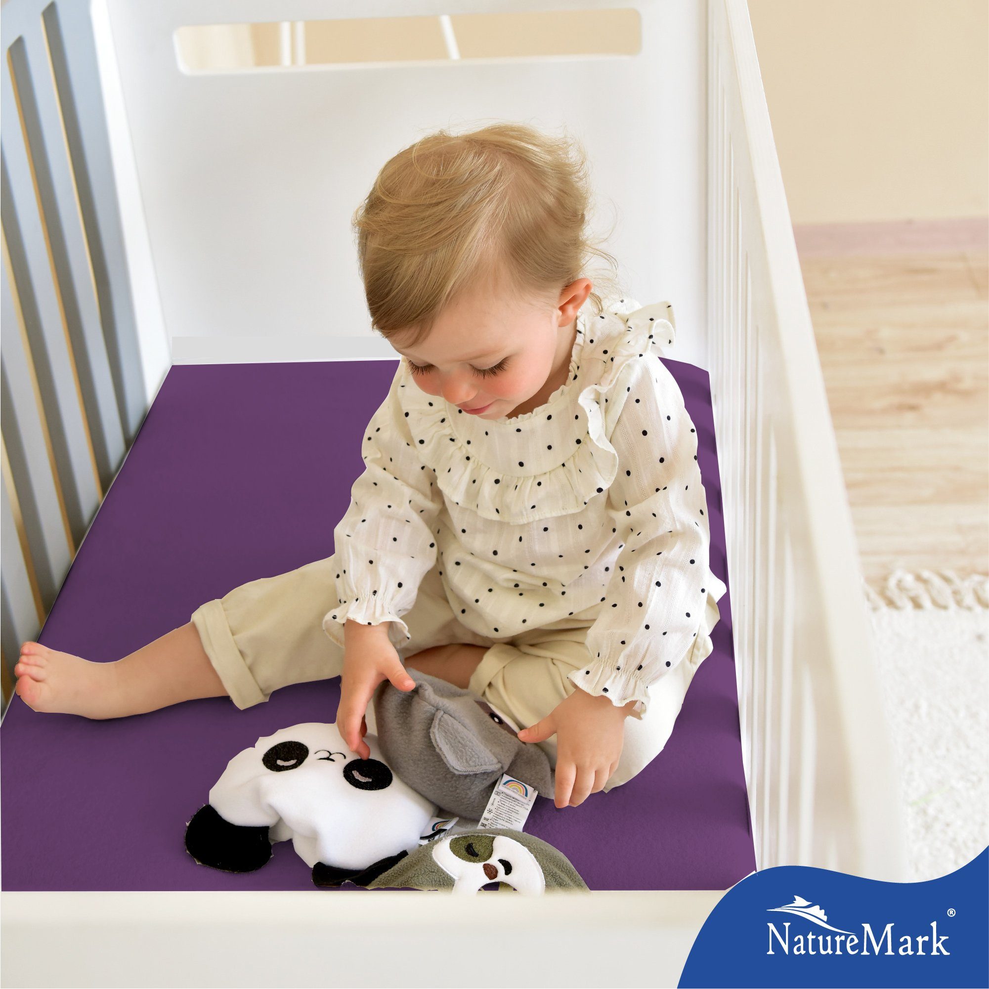 NatureMark Spannbettlaken Jersey Spannbetttuch, 100% Baumwolle, Gummizug: rundum, (2 Stück), Kinder Spannbetttuch, für Baby-/Kinderbett, 70x140 cm, Lila – Bild 4 von 4