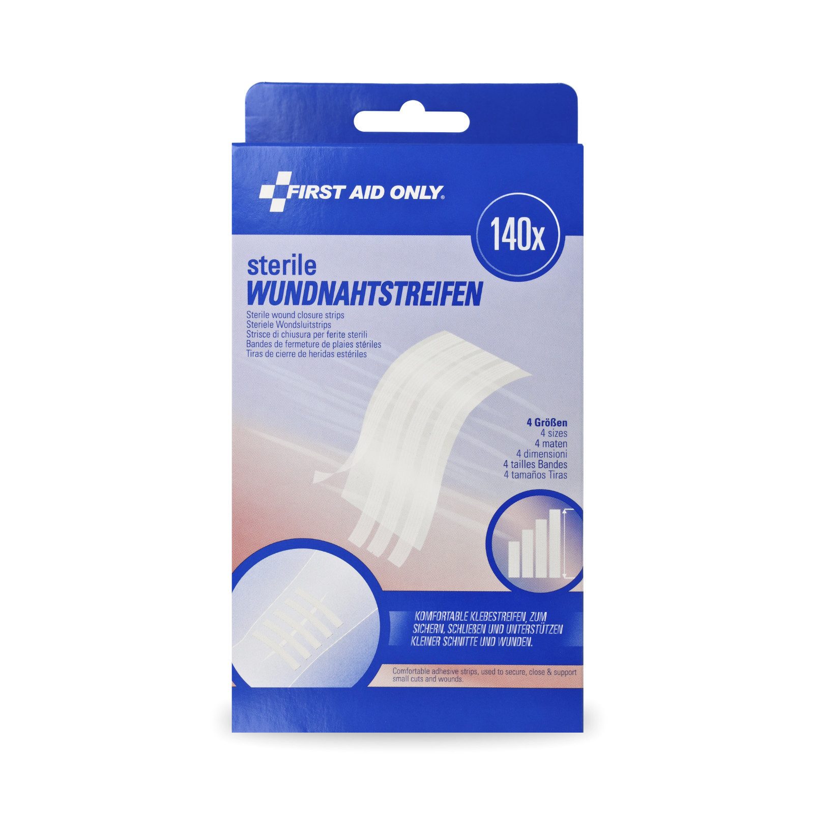 FIRST AID ONLY® Wundpflaster Sterile Wundnahtstreifen 140 Stück, Pflaster Strips für Wunden, Klammerpflaster in vier Größen, Atmungsaktiv