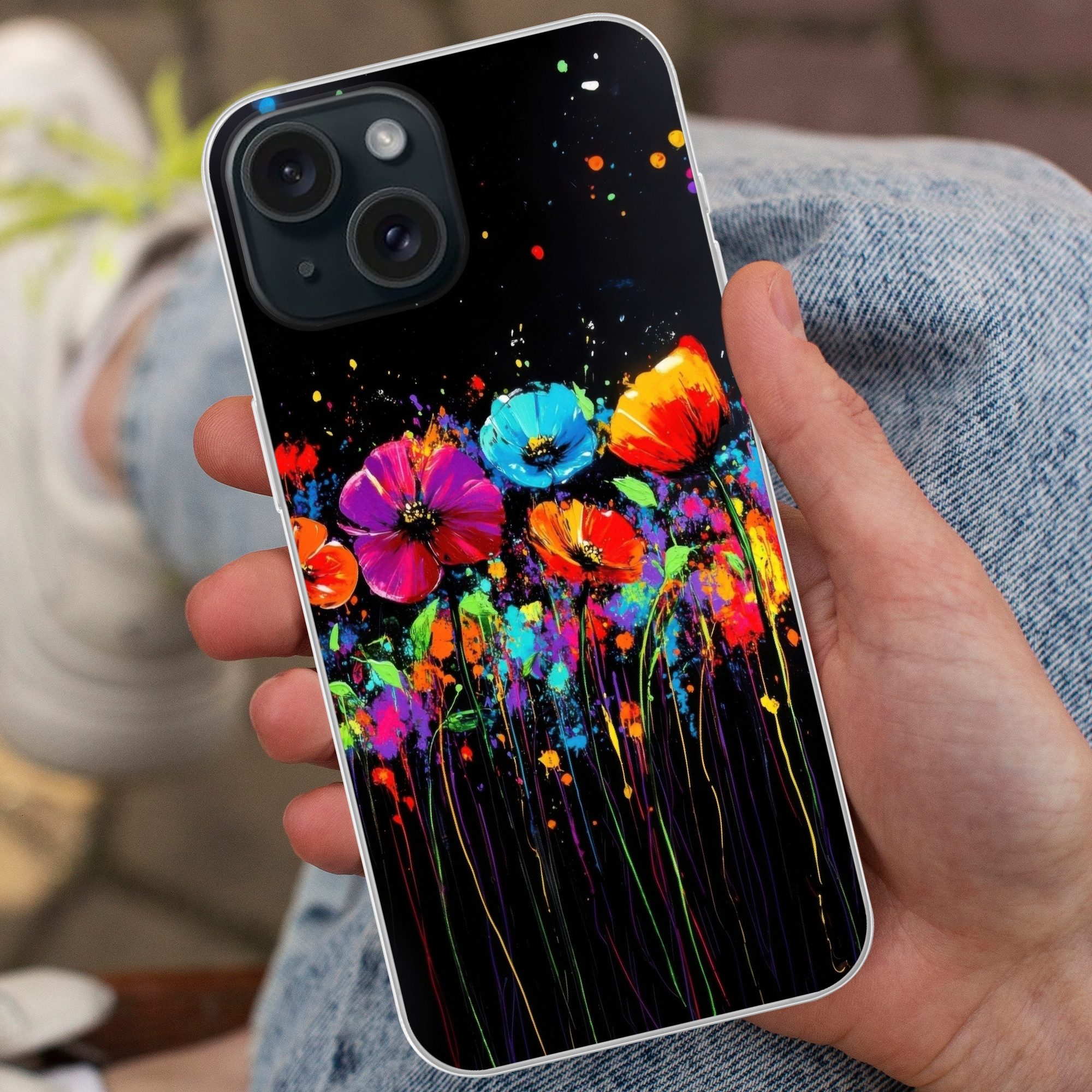 MuchoWow Handyhülle für Apple iPhone 15 Blumen - Bunt - Spritzer, Smartphone-Bumper, Print, Handy Schutzhülle Dünn