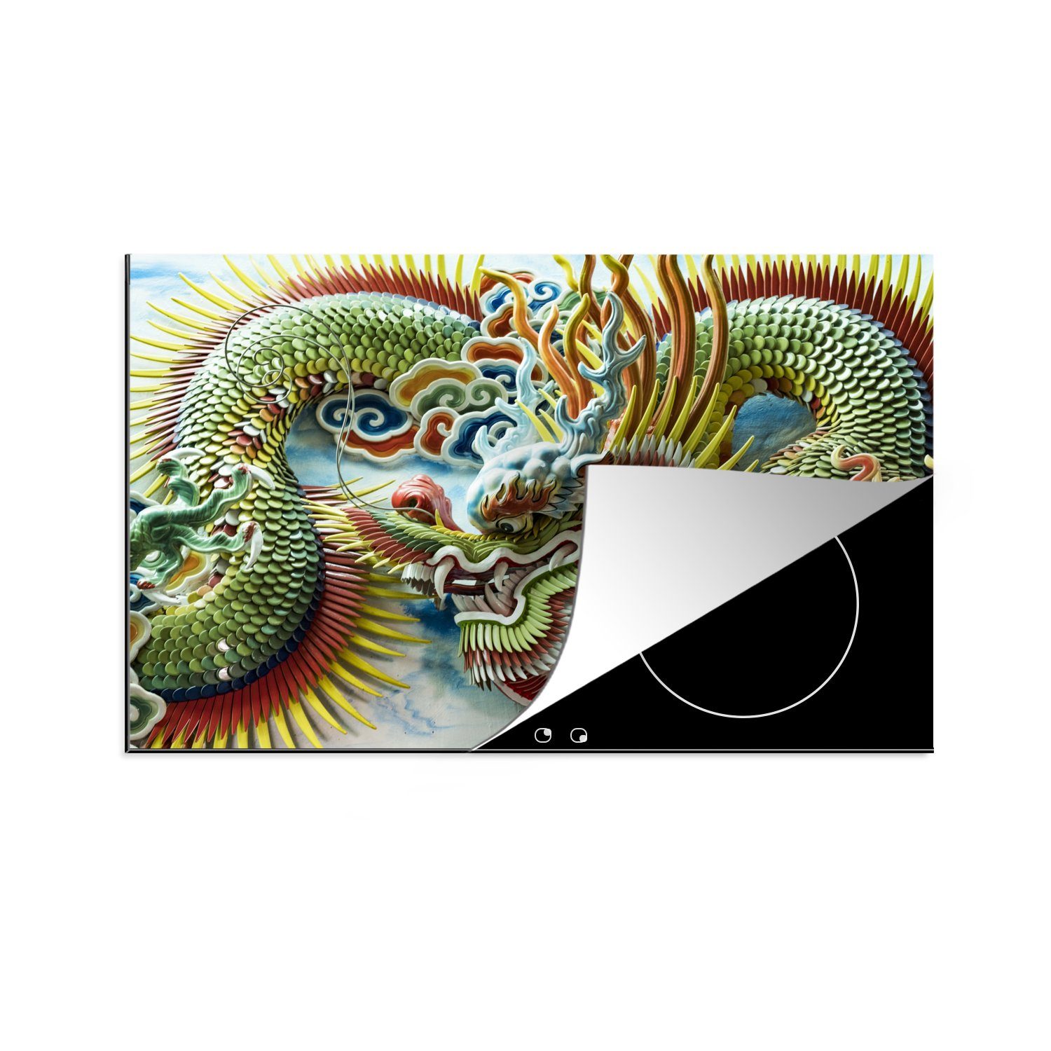 MuchoWow Herdblende-/Abdeckplatte Dekoration von farbigen einem (1 81x52 Schutz Tempel, Induktionskochfeld Vinyl, cm, die für chinesischen Ceranfeldabdeckung tlg), in Drachen küche