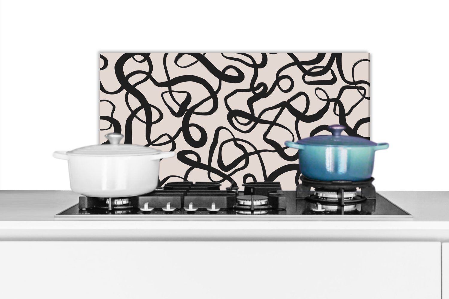MuchoWow Küchenrückwand Linien - Kunst - Schwarz - Beige, (1-tlg), 60x30 cm, Wandschutz, gegen Fett und Schmutzflecken für Küchen