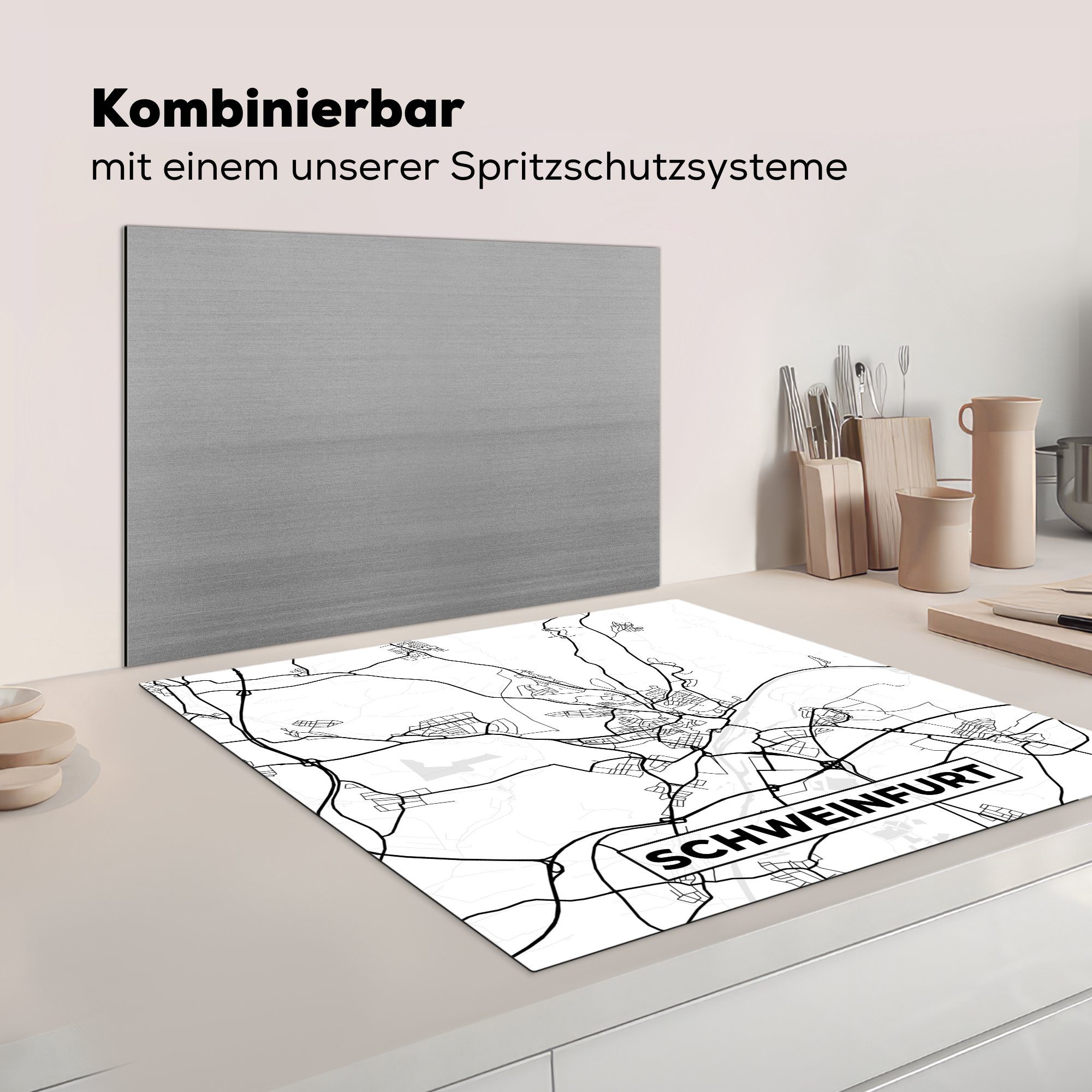 MuchoWow Herdblende-/Abdeckplatte Schweinfurt - Stadtplan Ceranfeldabdeckung, cm, Vinyl, (1 78x78 Karte, Arbeitsplatte küche - tlg), für