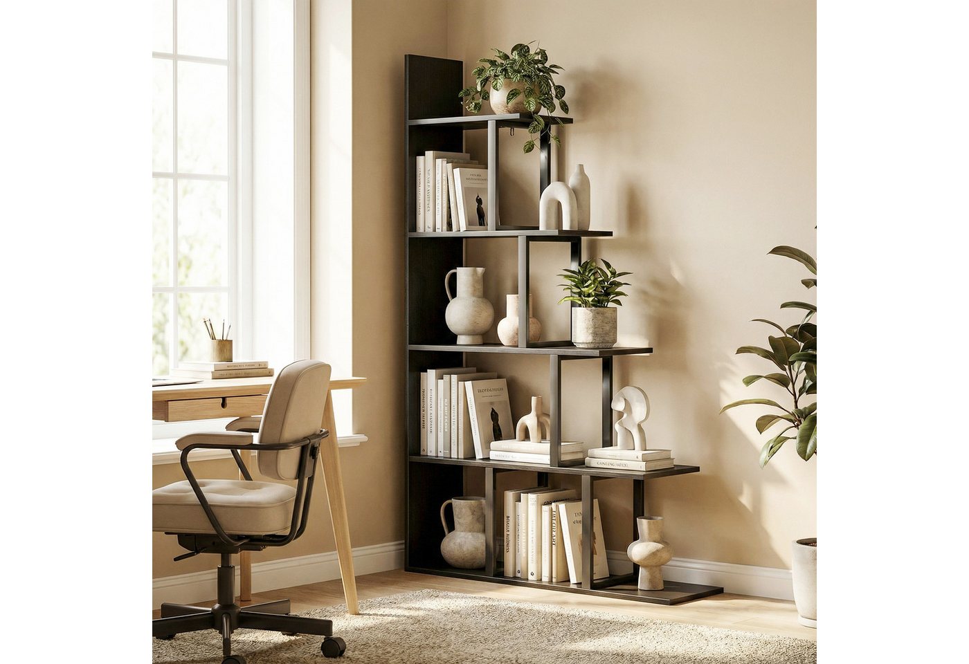 Luckice Bücherregal Offenes Bücherregal als Raumteiler, 5-stufiges Treppenregal, im Industrie-Design, Multifunktionales Standregal für Wohn- und Arbeitsbereiche, Schwarz, 102 x 30 x 160 cm