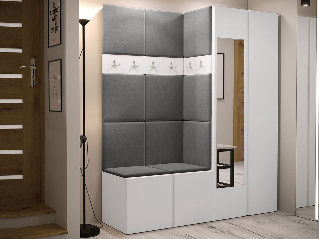 MIRJAN24 Garderoben-Set Orion XII, (Komplett-Set, Schrank, Schrank mit Spiegel, 2x Kleiderhaken, Paneel 11x 42x42), Auswahl aus Fronten und Polsterplatten