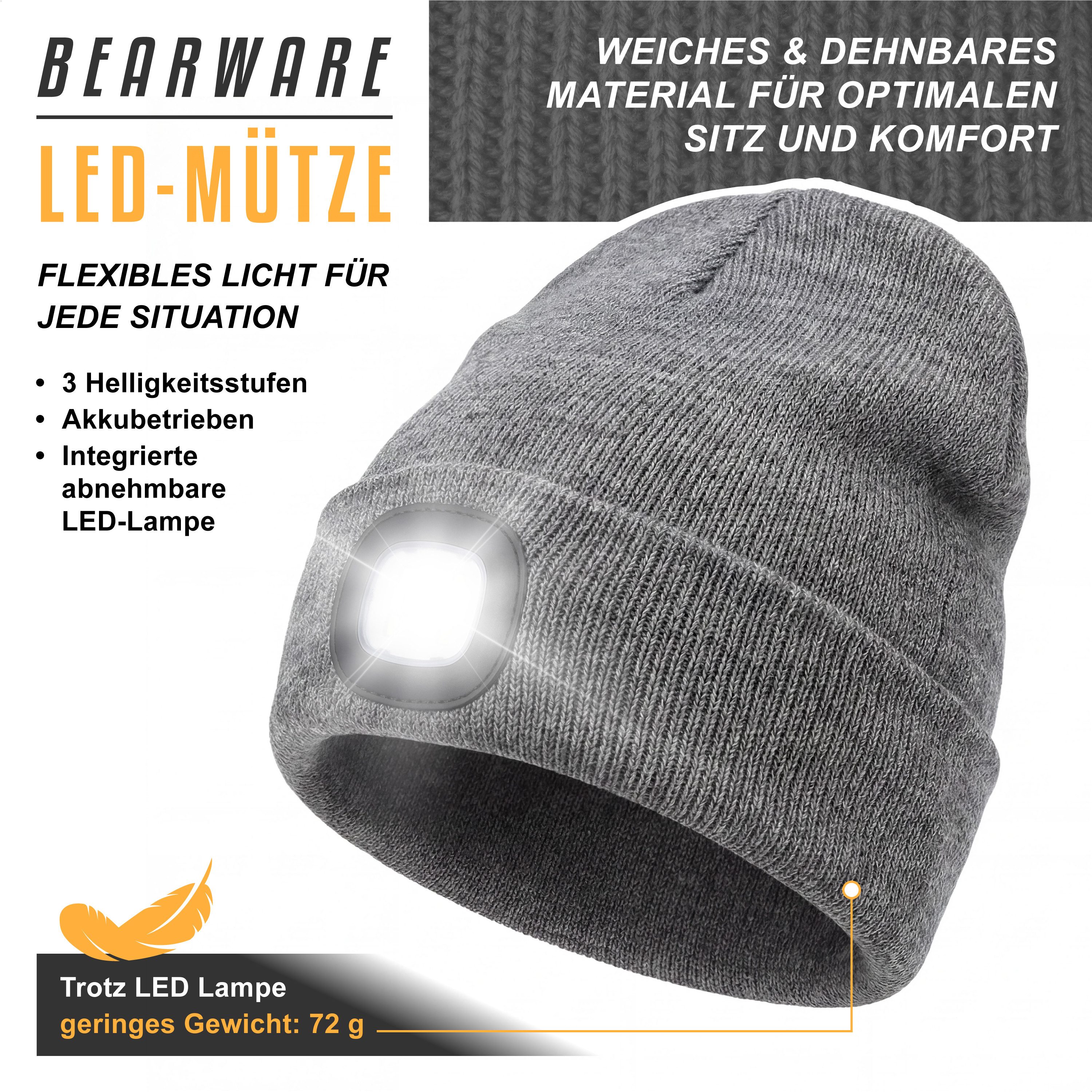 BEARWARE Strickmütze mit Stirnlampe, Beanie warm gefüttert für Joggen Campi günstig online kaufen