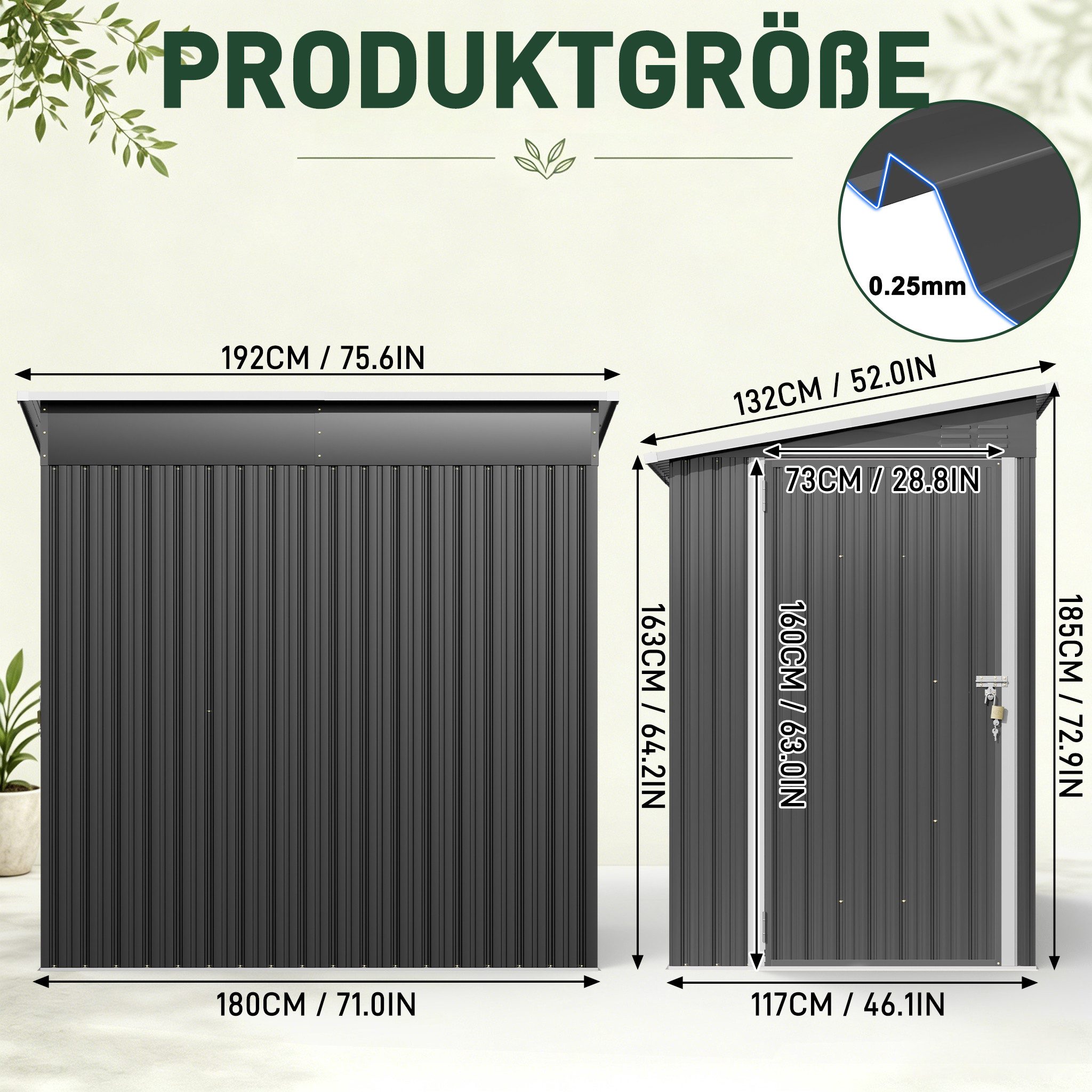 FIVMEN Gerätehaus Metall Geräteschuppen mit Pultdach & Tür Gartenschuppen, BxT: 180x117 cm, abschließbar für Hinterhof, Terrasse, Rasen Schwarz/Grün