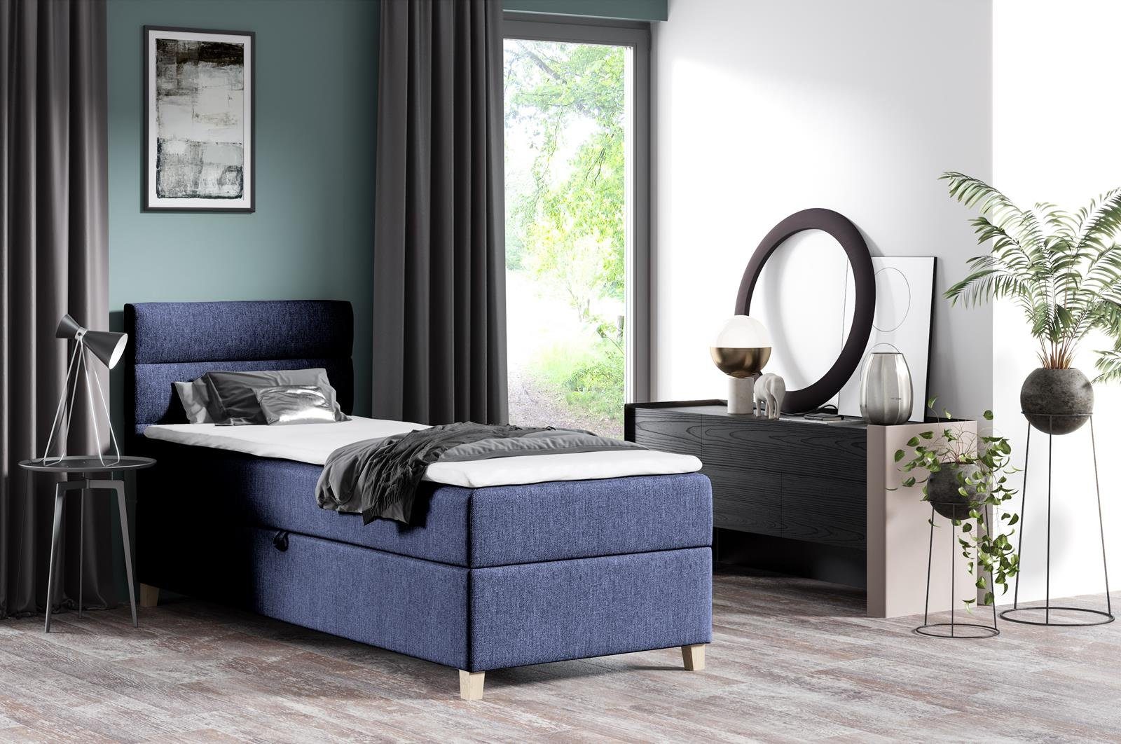 Bett mit Beautysofa Schlafzimmer Matratze, Boxspringbett Blau Velour 76) DONNA Topper MINI Polsterbett (soro