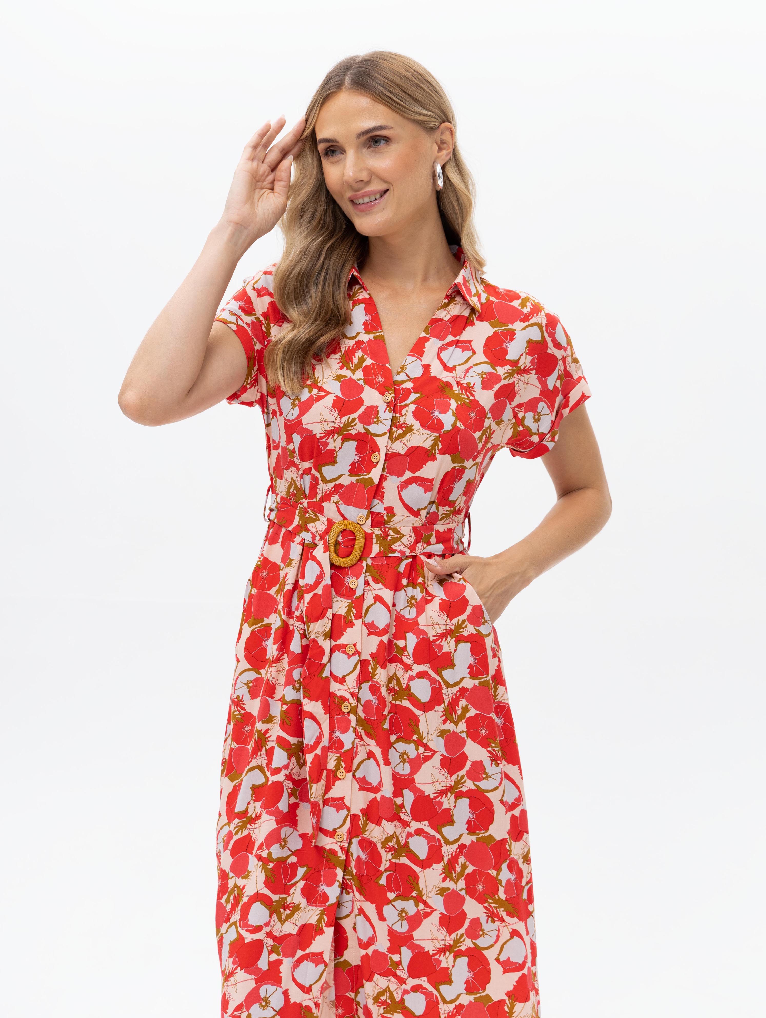 Passioni Hemdblusenkleid mit Blumenprint Sommerkleid mit floralem Print in Rot- Orange – Bild 4 von 5