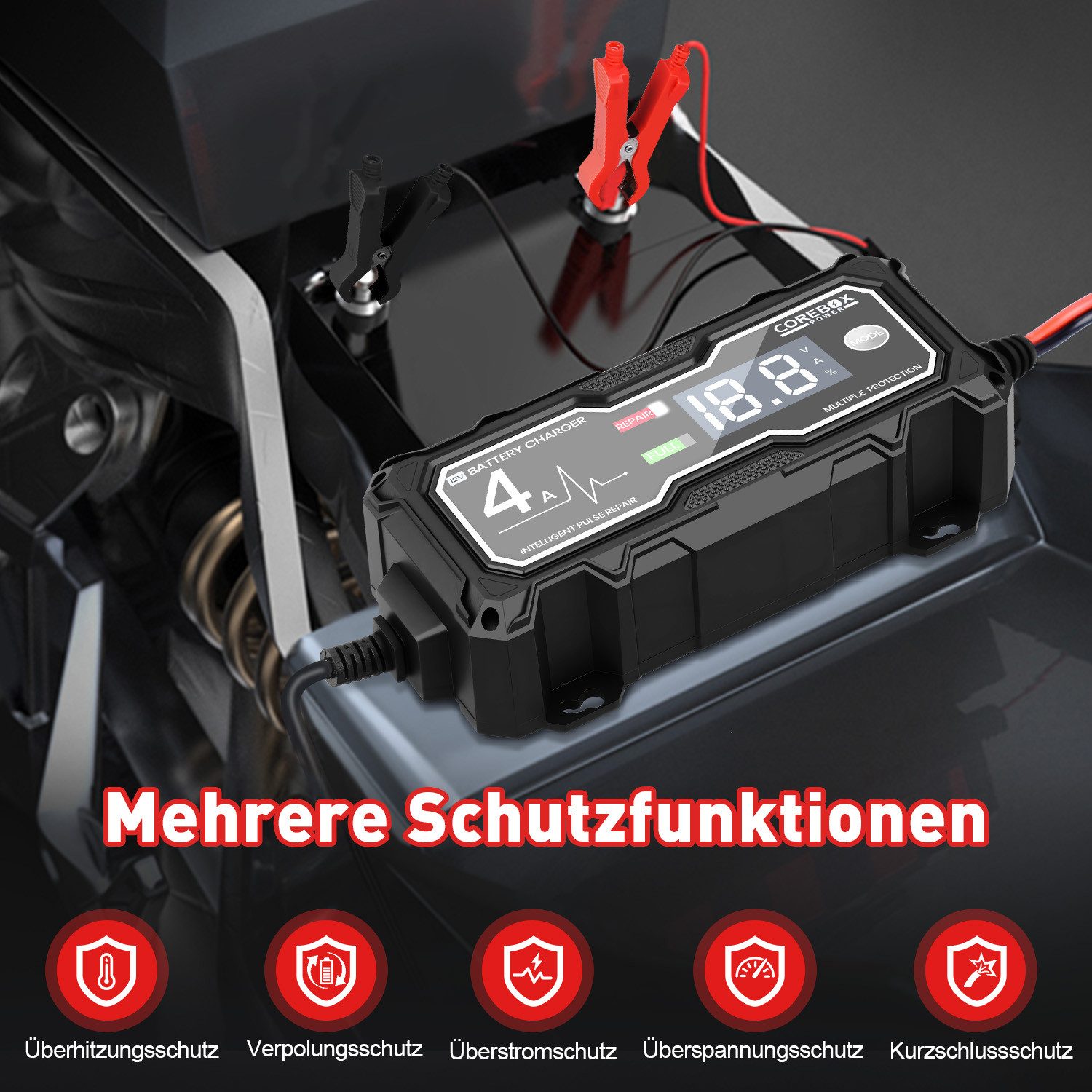 CkeyiN Pro Autobatterie Ladegerät 12V 4A,Smart Automatische Autobatterie-Ladegerät (Ladegerät für Autos, Motorräder und Kleinlaster, mit LCD Display,Temperaturkompensation Reparaturmodus)
