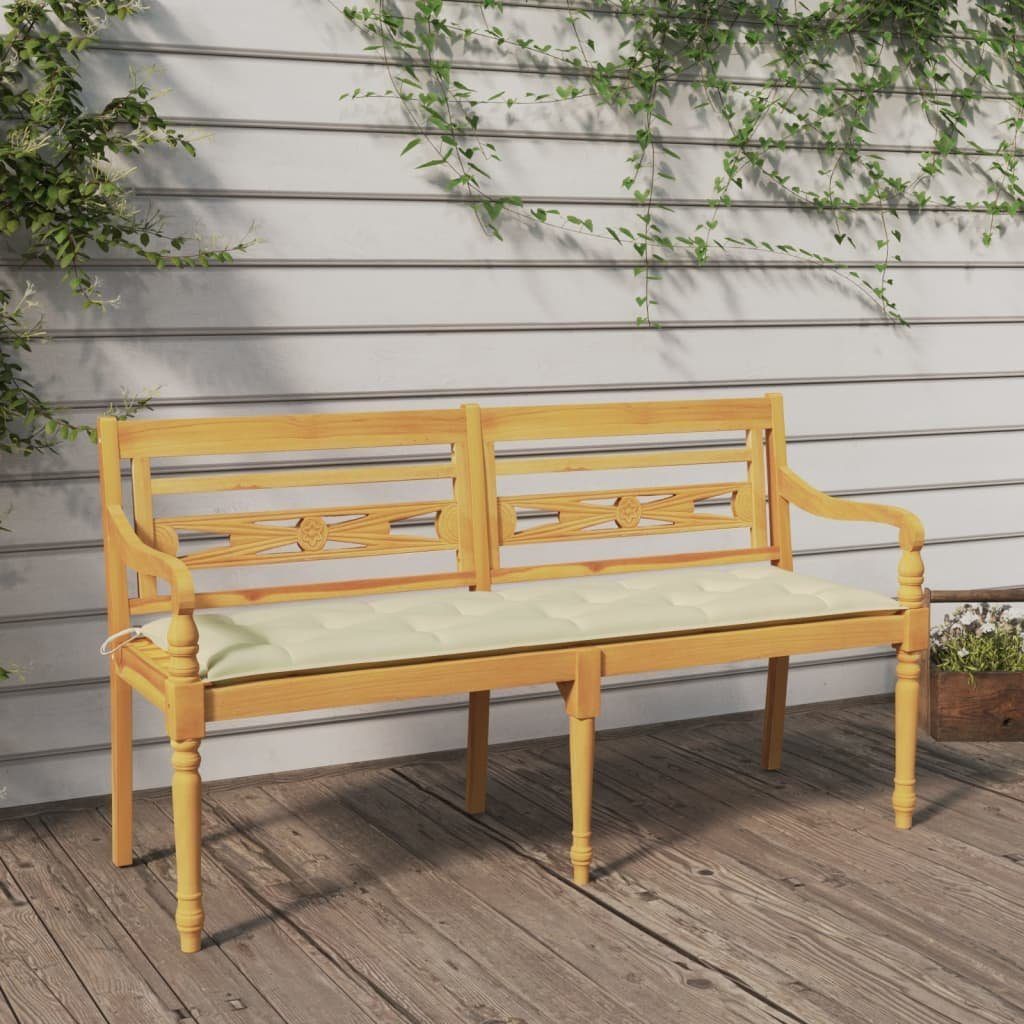 furnicato Gartenbank Batavia Naturholzbank mit Creme Kissen 150x51,5x84 cm (1-St)