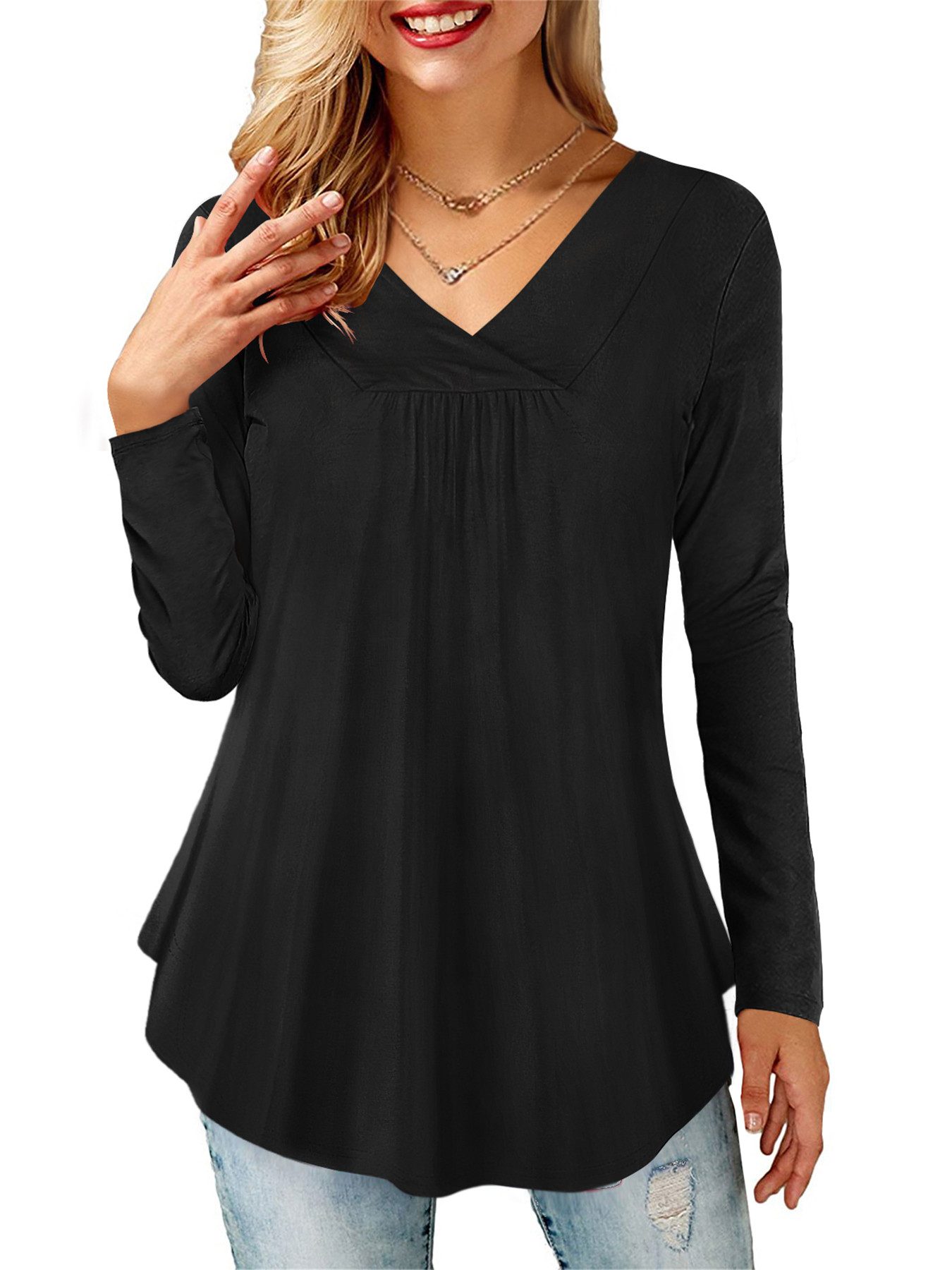 Beluring Langarmshirt Damen V-Ausschnitt Plissee Langbluse in Schwarz,Modis günstig online kaufen