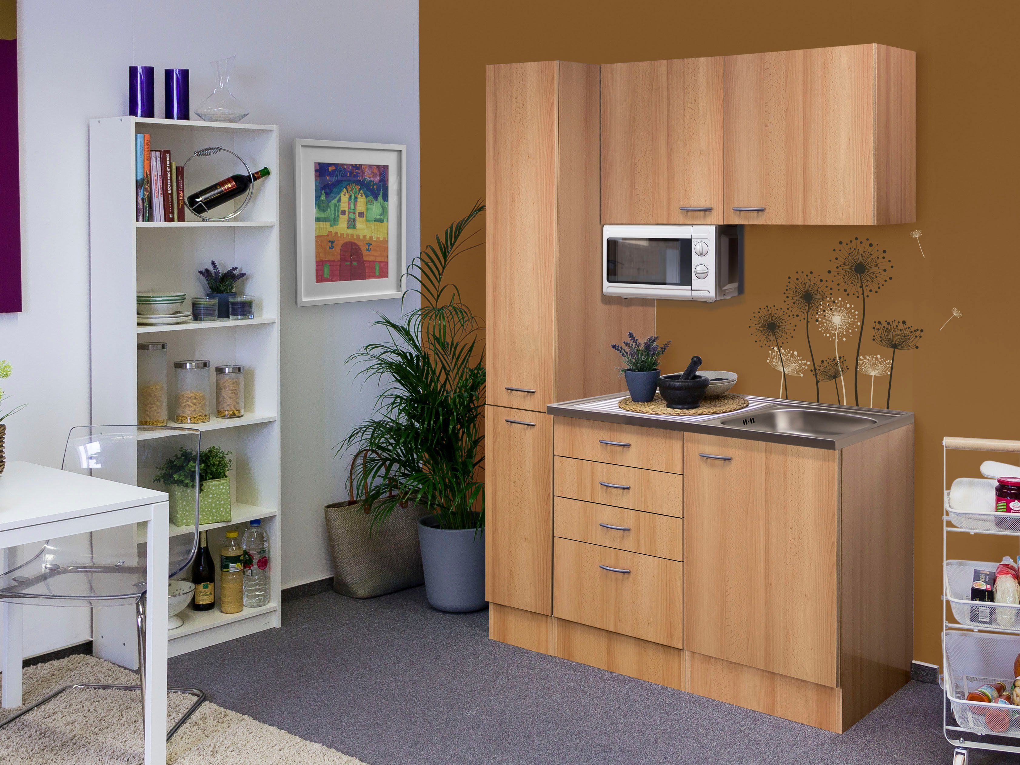 Flex-Well Küchenzeile Nano, Gesamtbreite 130 cm, mit Apothekerschrank und Mikrowelle etc.