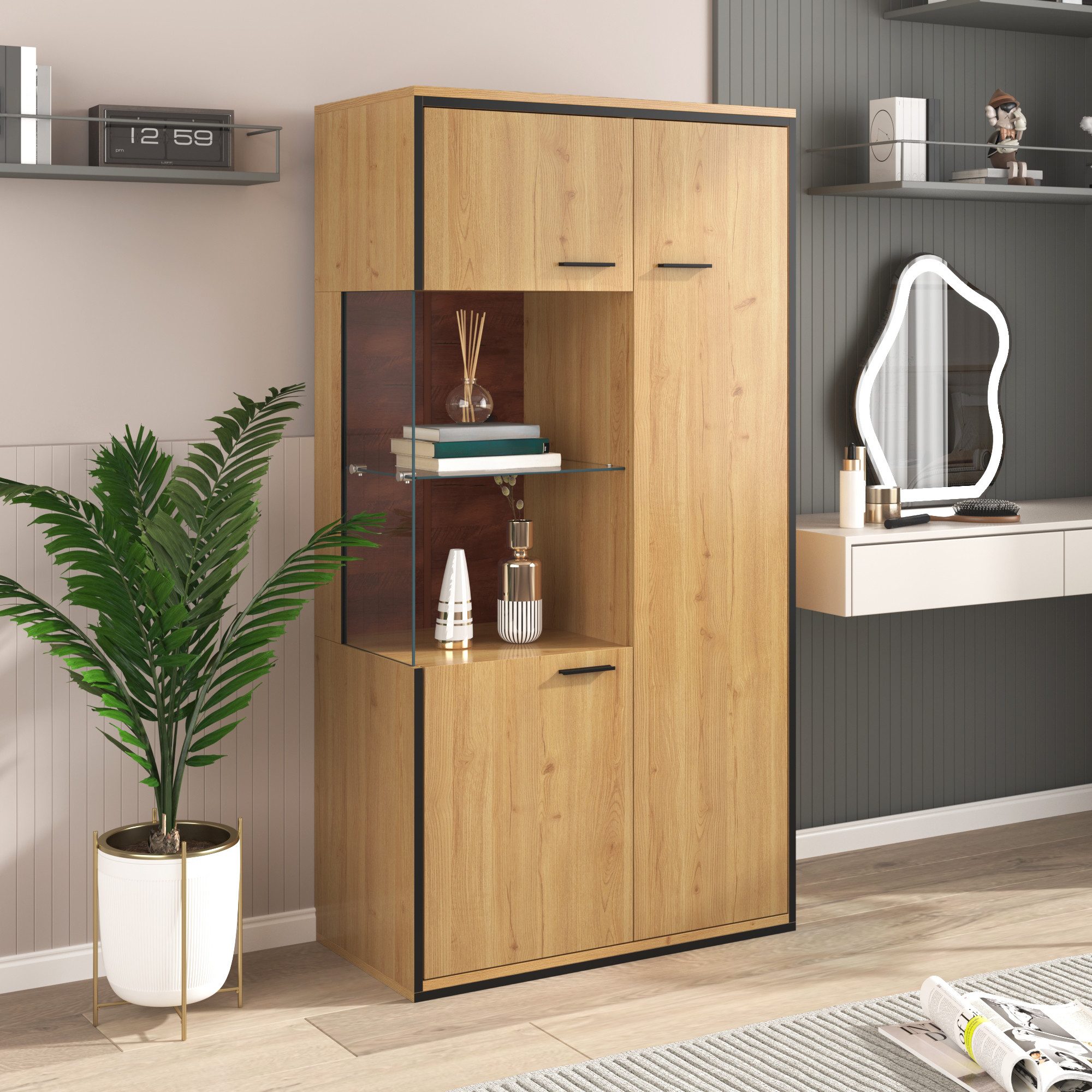 KLAM HOME Vitrine Hochschrank Anrichte mit 15-farbiger LED-Beleuchtung 150Hx78Bx40Tcm (Stauraumvitrine in moderner Rahmenoptik) für Wohnzimmer, Schlafzimmer oder Esszimmer