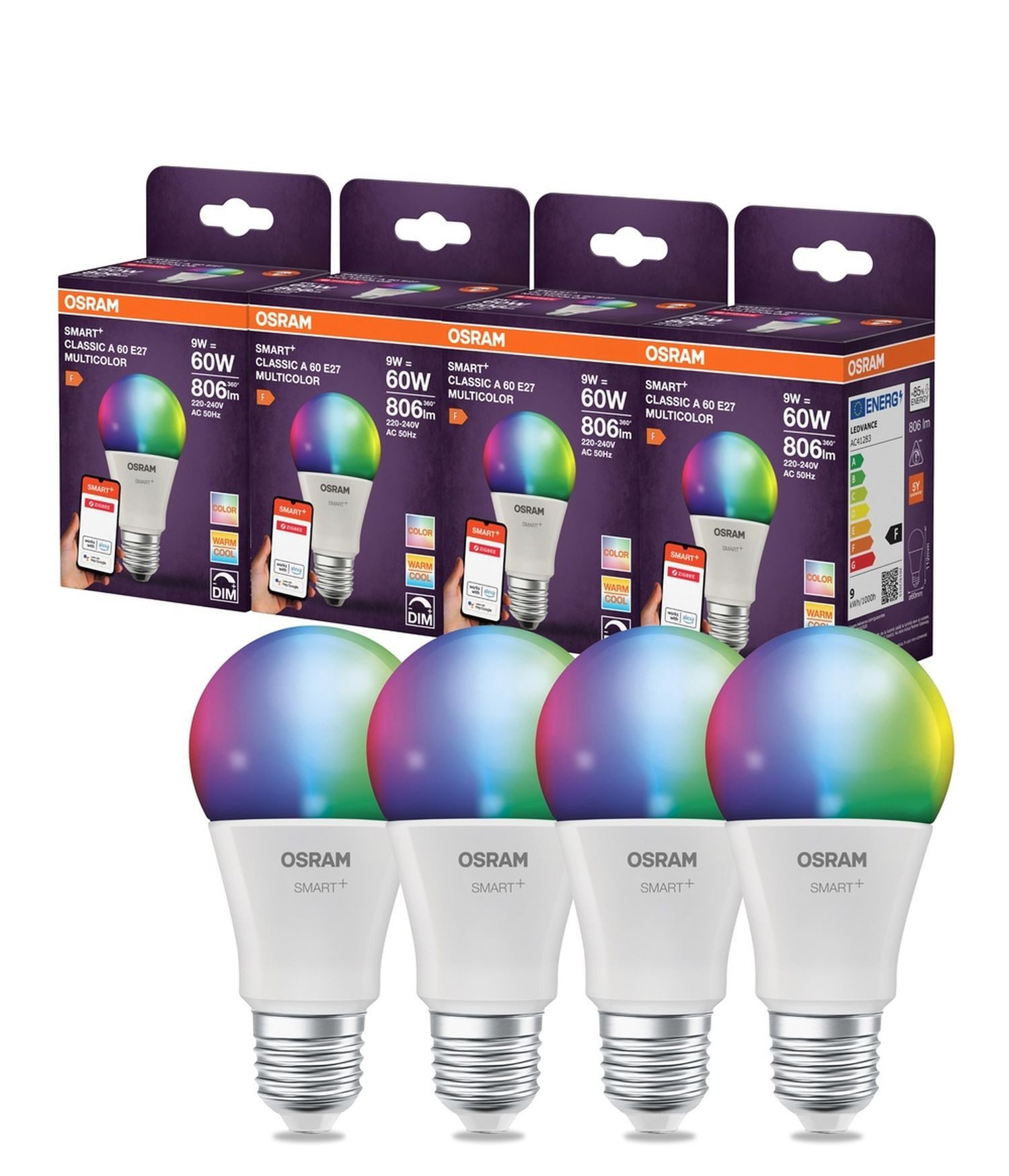 Licht-Erlebnisse LED-Leuchtmittel LAMP, E27, Birne E27 4er Set RGB CCT 806 lm Smart dimmbar Zigbee via App