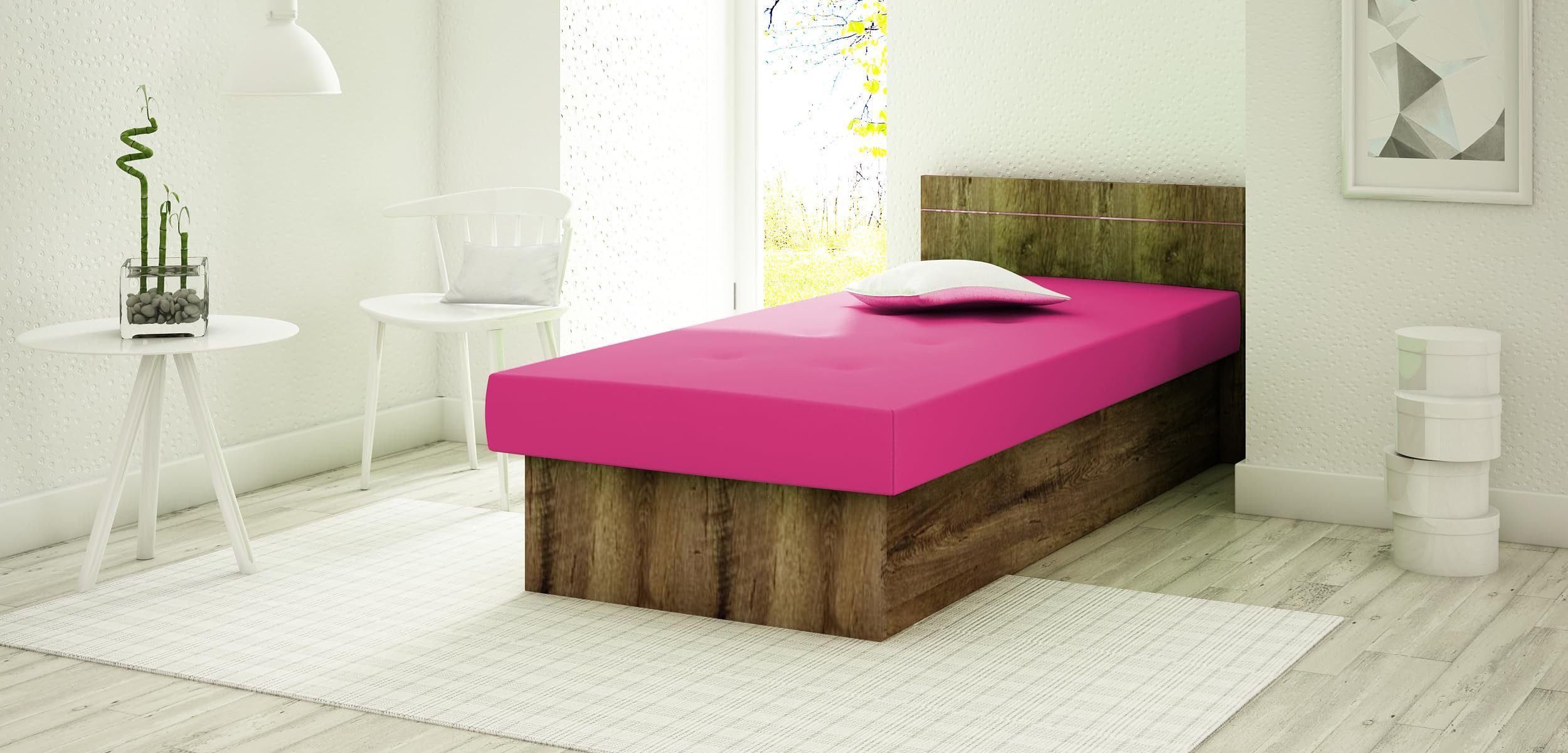 KIER FURNITURE Einzelbett Berta BIS, Einzelbett, 190x80x38/68cm, Dunkle Asche + Stoff Rosa