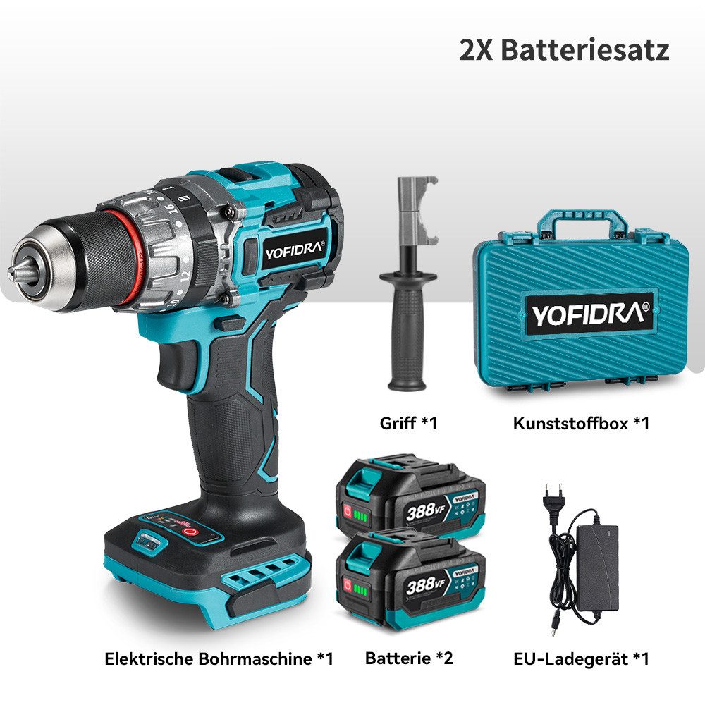 Yofidra Akku-Schlagbohrschrauber 140 Nm Bürstenloser Bohrhammer mit 2 Akkus, max. 1900 U/min, 21V Akkuschrauber, 13mm Bohrfutter, 20+3 Drehmomentstufen