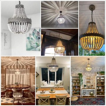 HYIEAR Kronleuchter Lampe, Vintage-Pendelleuchtenstil. Höhenverstellbar, Holzperlendekor, Halogen, Warmes Farblicht, ohne Leuchtmittel