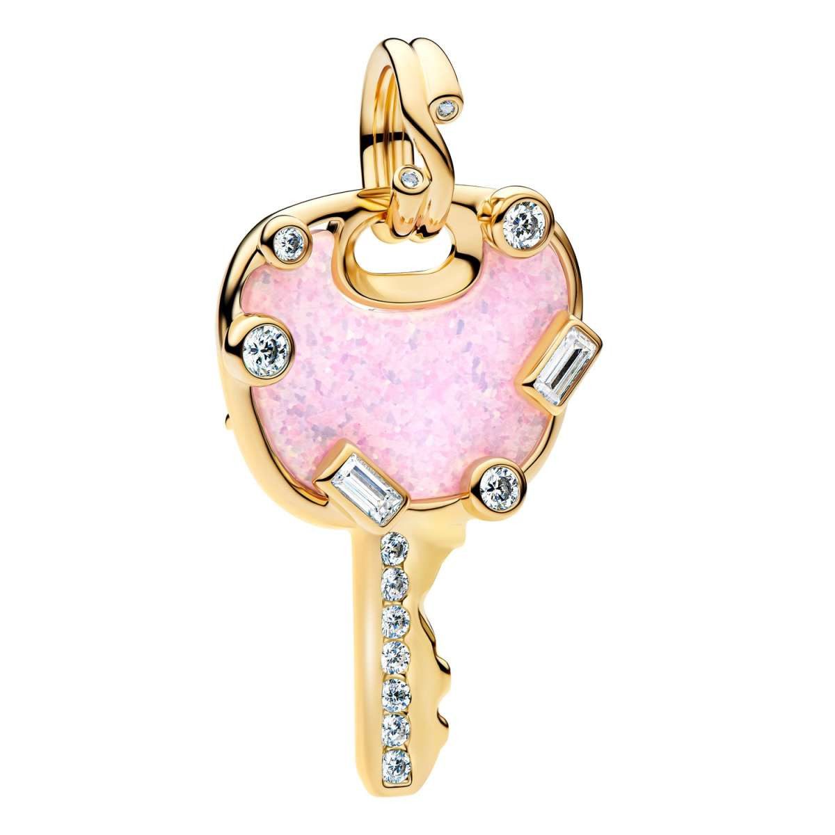 Pandora Charm Schlüssel 764349C01, Charmanhänger Opalisierender Rosa Liebesschlüssel Goldfarben