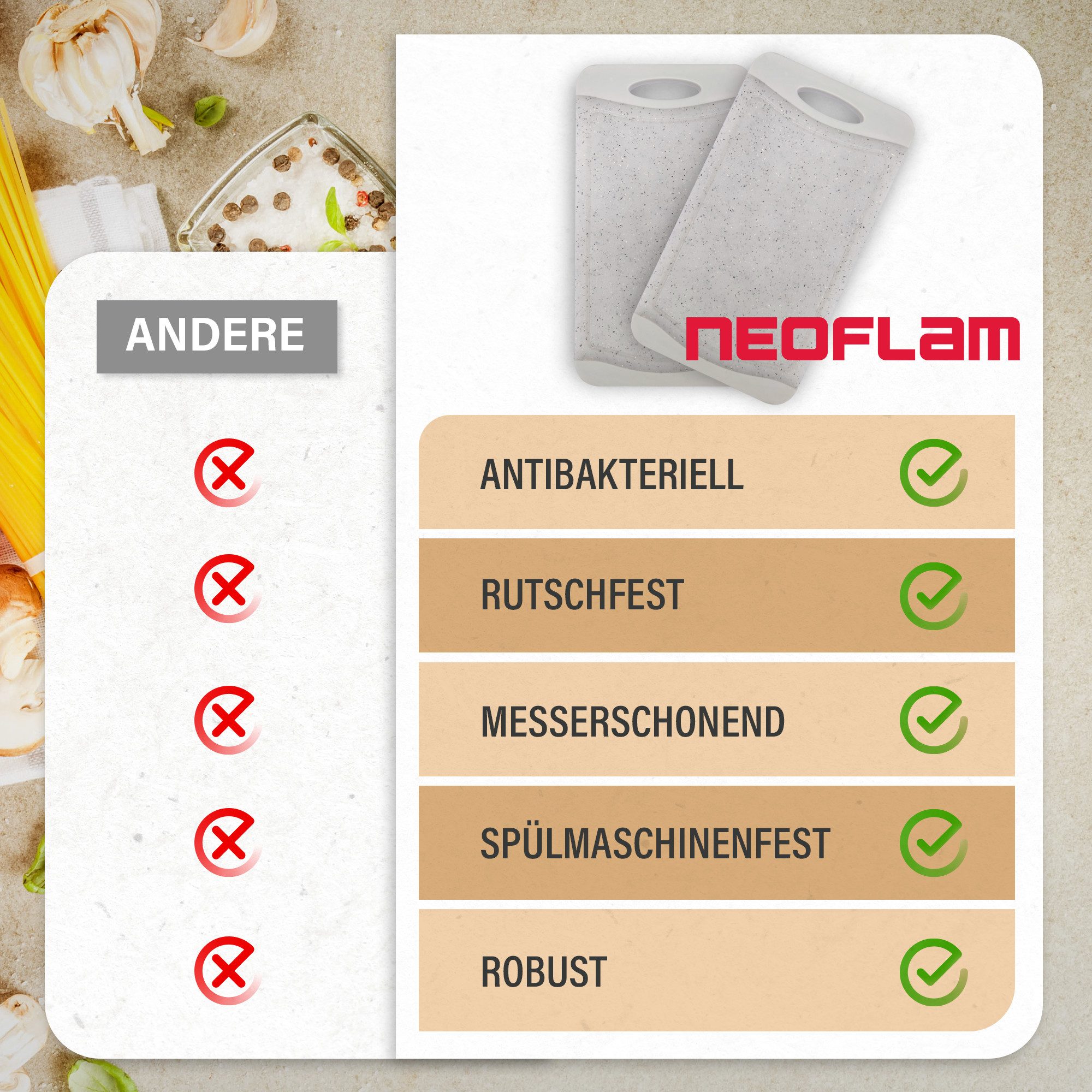 NEOFLAM® Schneidebrett Flutto Antibakterielles Frühstücksbrettchen Set 4tlg. - Granitgrau, Kunststoff (PP), (4-St)