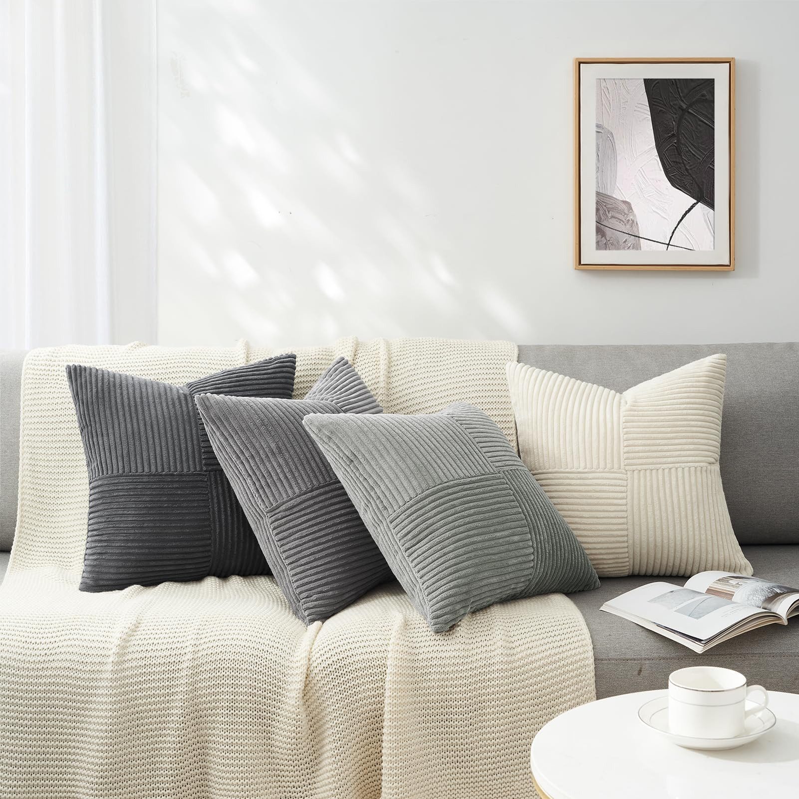 Topfinel Kissenbezug 40x40 4er set Kissenbezüge 50x50 Kordsamt mit Streifen deko Sofa, kissenbezug Grau Farbverlauf Schlafzimmer Weich Hautfreundlich