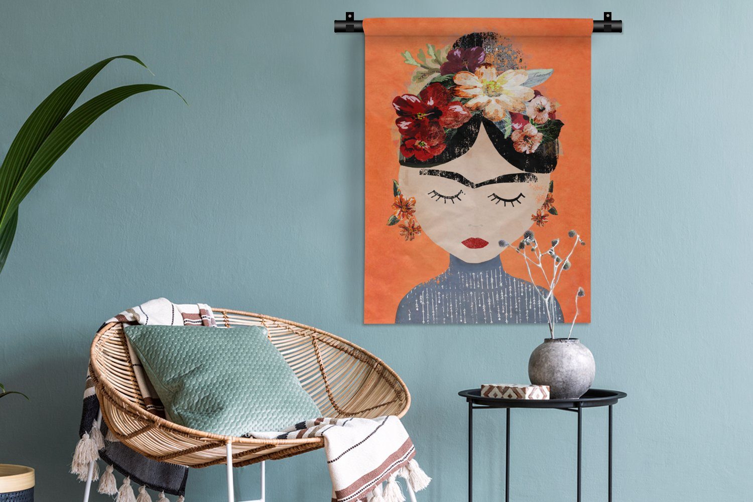 MuchoWow Blumen, Wanddekoobjekt - Porträt - Deko Kahlo für - Orange an der Schlafzimmer Wand, - Wohnzimmer, Frau Frida Tapisserie,