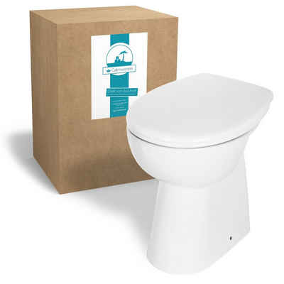 Calmwaters Tiefspül-WC, Bodenstehend, Abgang Waagerecht, Stand WC, spülrandlos, 7 cm erhöht, WC-Sitz mit Absenkautomatik