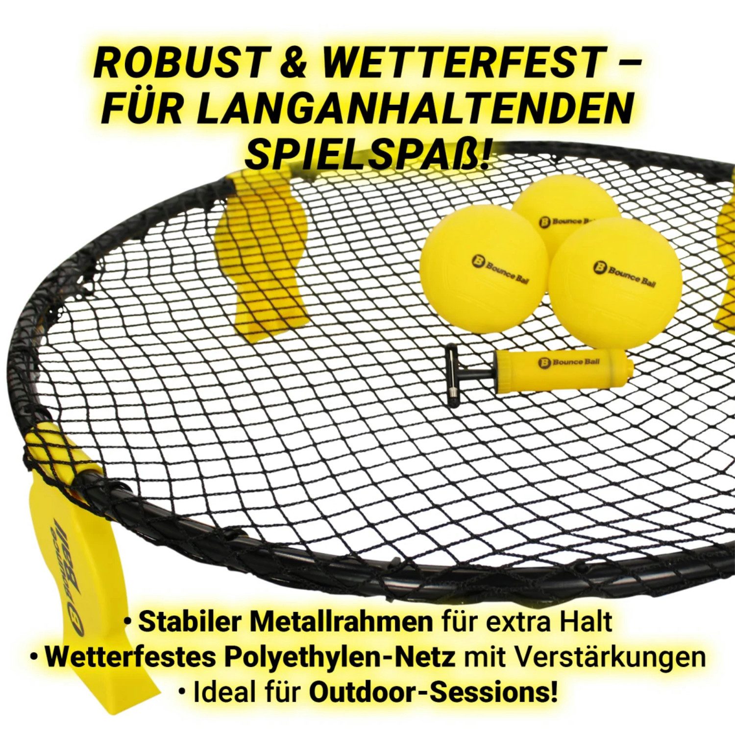 L.A. Sports Beachball Bounce Ball Deluxe Set inkl. Bälle (3er-Pack Bälle), mit faltbarem Rundnetz, Pumpe und Tragetasche