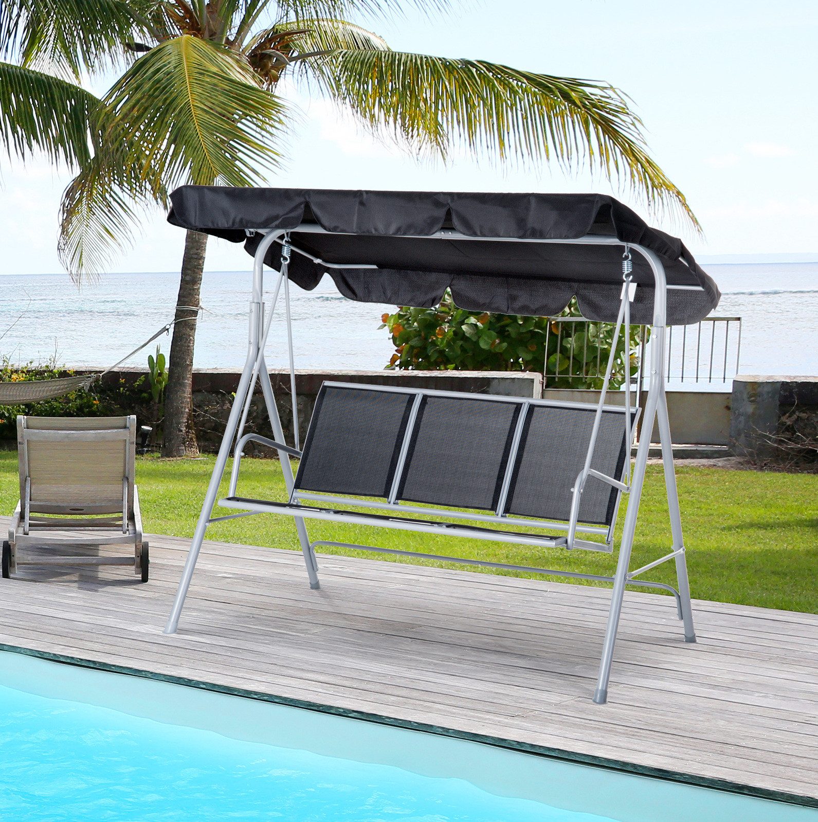 MODFU Hollywoodschaukel 3-Sitzer Metallrahmen Grau 171x108x154 cm für Terrasse Garten, 3-Sitzer, Packung, 1 tlg., für 3 Personen, Outdoor Sitzmöbel Bereich, Gartenschaukel mit Dach Schaukelbank Gartenmöbel in Silber