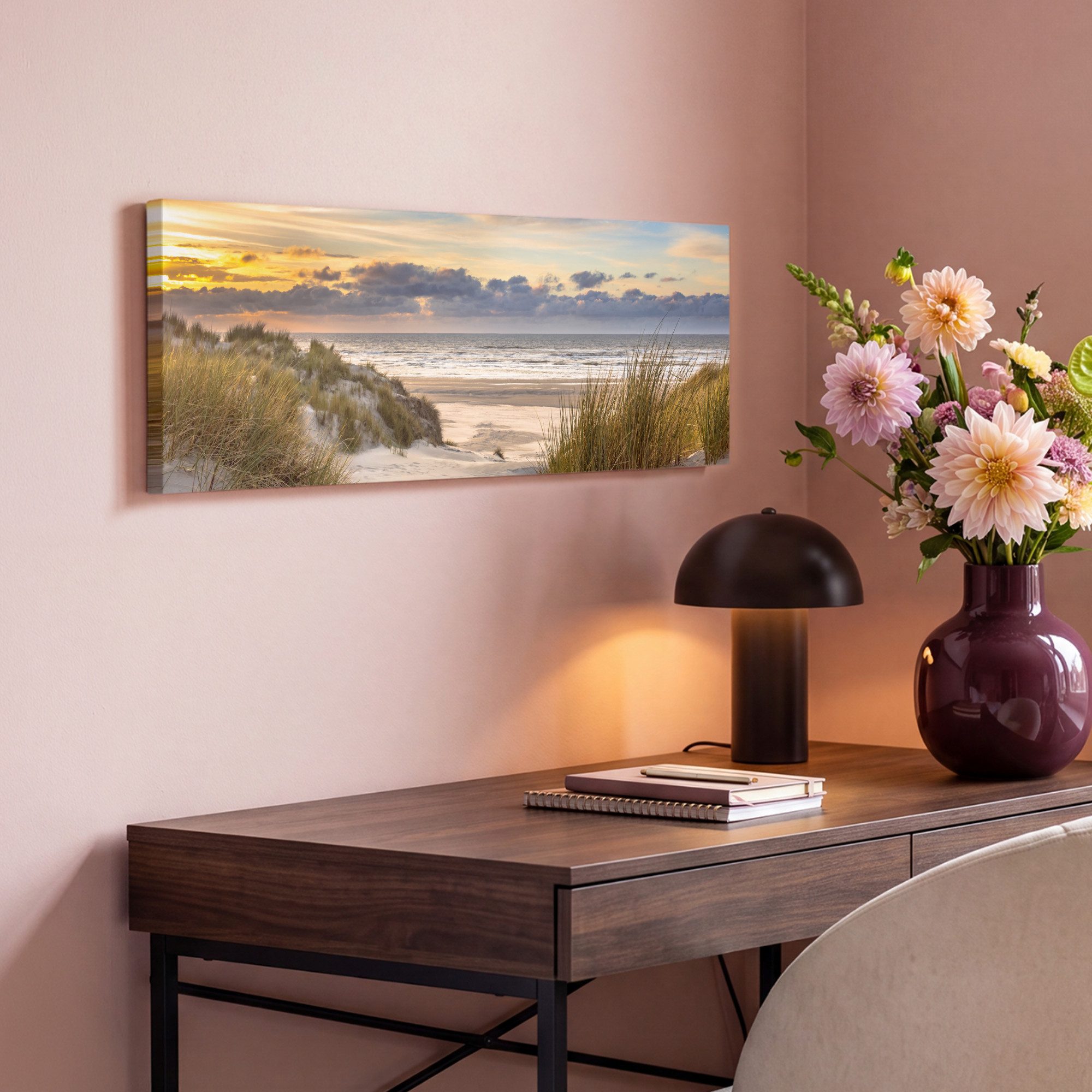 OneMillionCanvasses® Leinwandbild Panorama Strand - Düne - Gras - Sonnenuntergang - Meer, Fotodruck (1 St), Wandbild, Deko Schlafzimmer Wohnzimmer Flur 60x20 cm – Bild 4 von 5