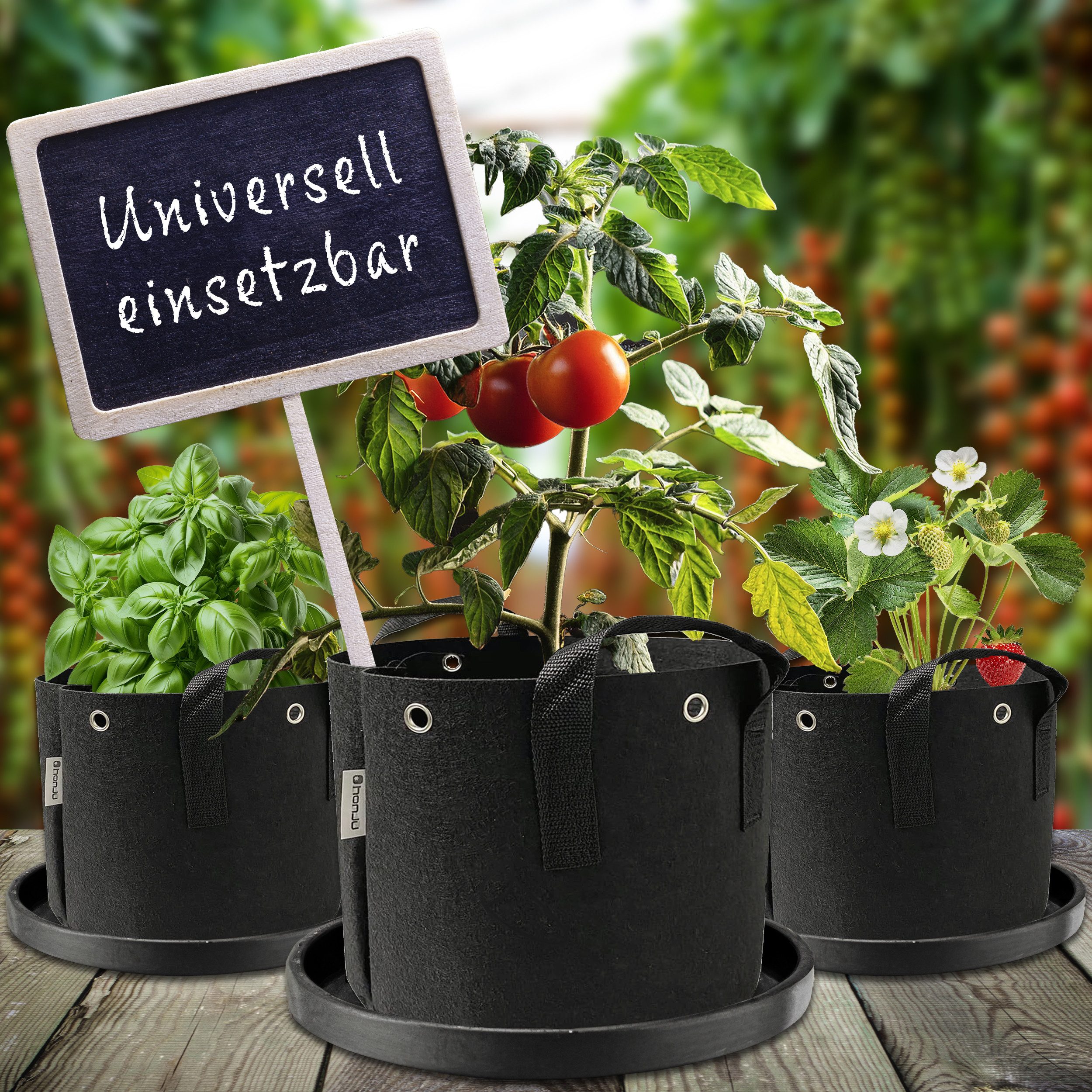 honju Pflanzkübel Stofftopf (8 Liter, 3er Set), [Atmungsaktive Stofftöpfe, Outdoor / Growbox geeignet, Faltbar] – Bild 3 von 5
