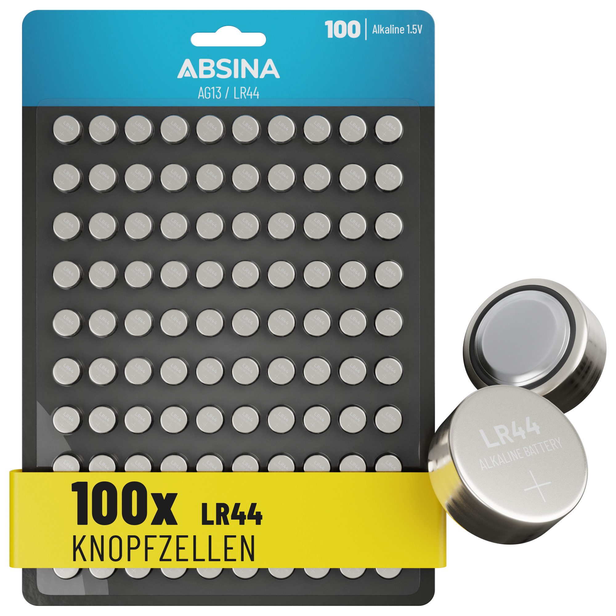ABSINA AG13 LR44 Knopfzelle 100er Pack - 1,5V Alkaline Knopfzellen Knopfzelle, AG13 (1,5 V, 1 St), Temperaturfest von -10°C bis +50°C, langlebig, auslaufsicher