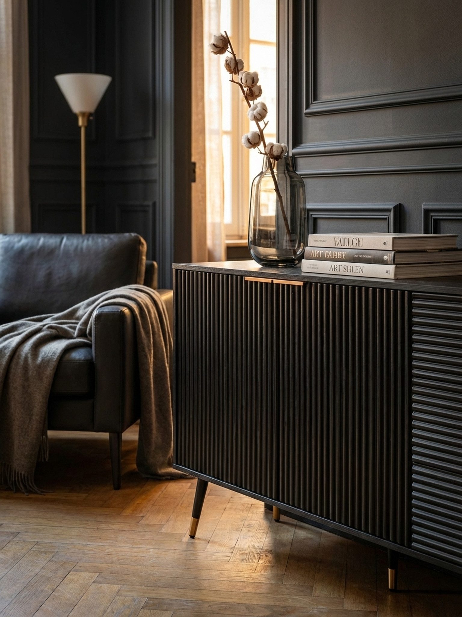 KADIMA DESIGN Kommode Sideboard 120x80x40 cm Anrichte Schwarz mit Eiche-Dekor, Kommode mit (Standschrank Wohnzimmer Metallbeine), Türen und Schubladen, Kommodenschrank Flurschrank Modern