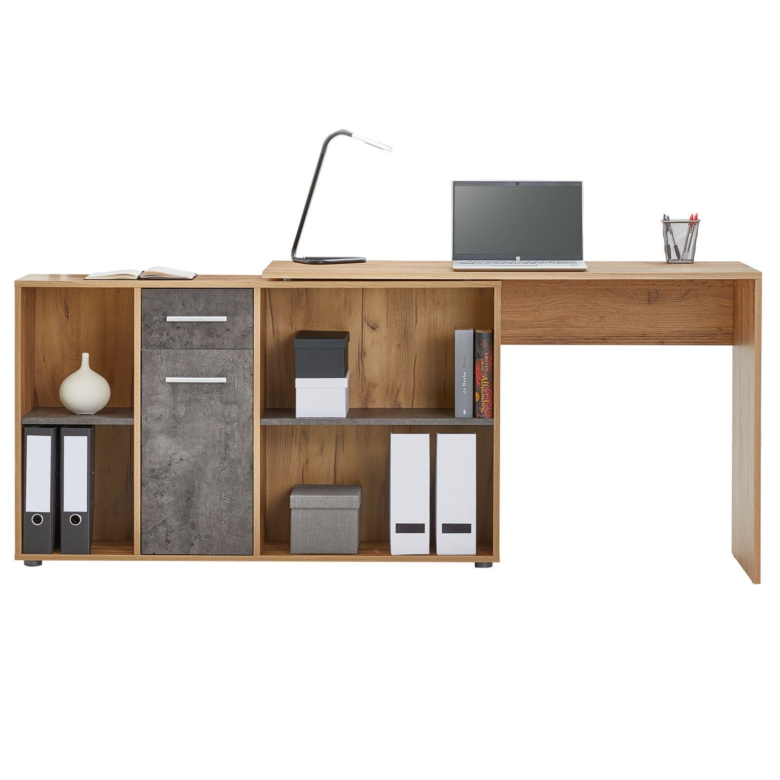 CARO-Möbel Eckschreibtisch DIEGO, Schreibtisch mit Stauraum in L-Form, Home Office Tisch eiche und beton