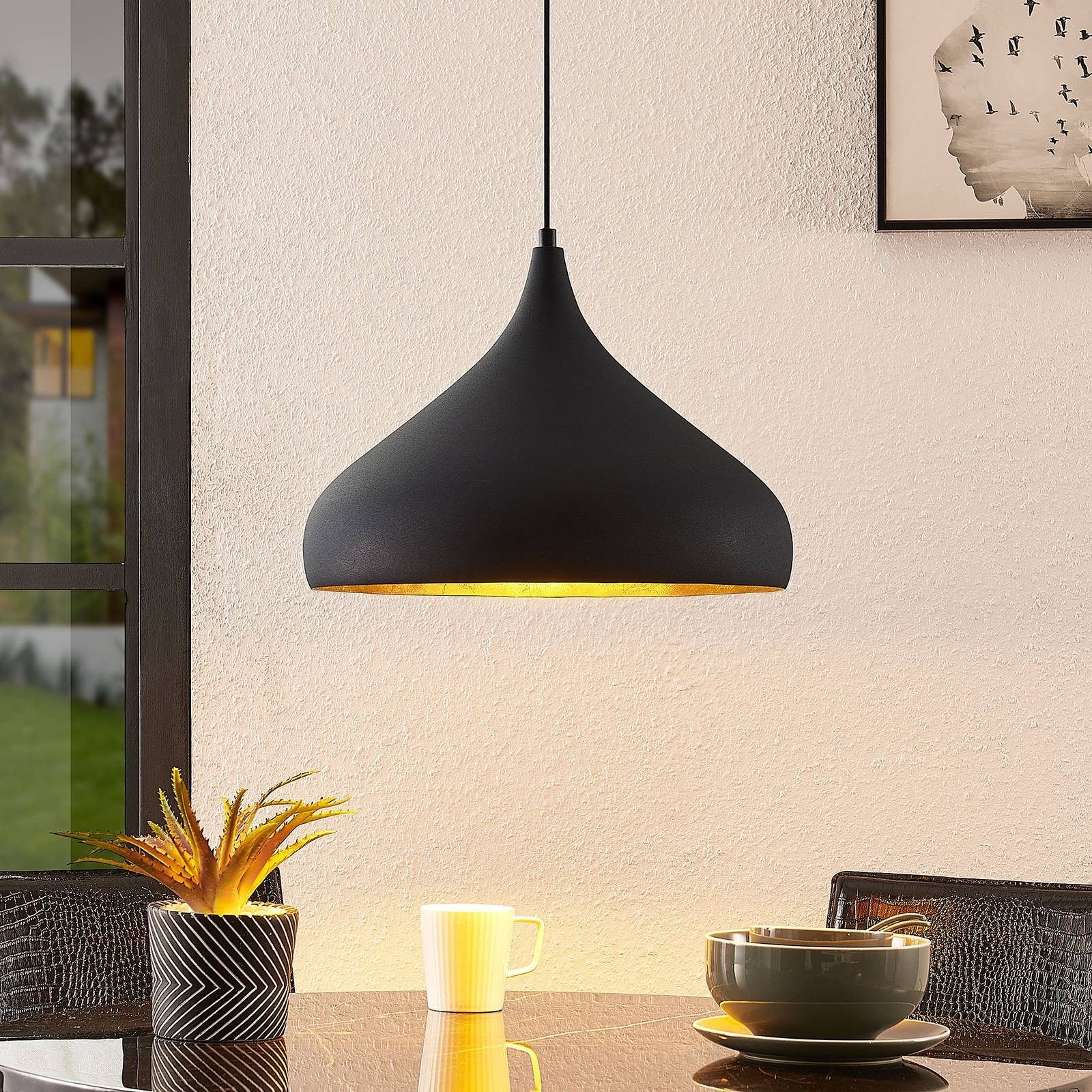 Arcchio Hängeleuchte Lunus, dimmbar, Leuchtmittel nicht inklusive, Modern, Eisen, Schwarz, gold, 1 flammig, E27, Deckenlampe