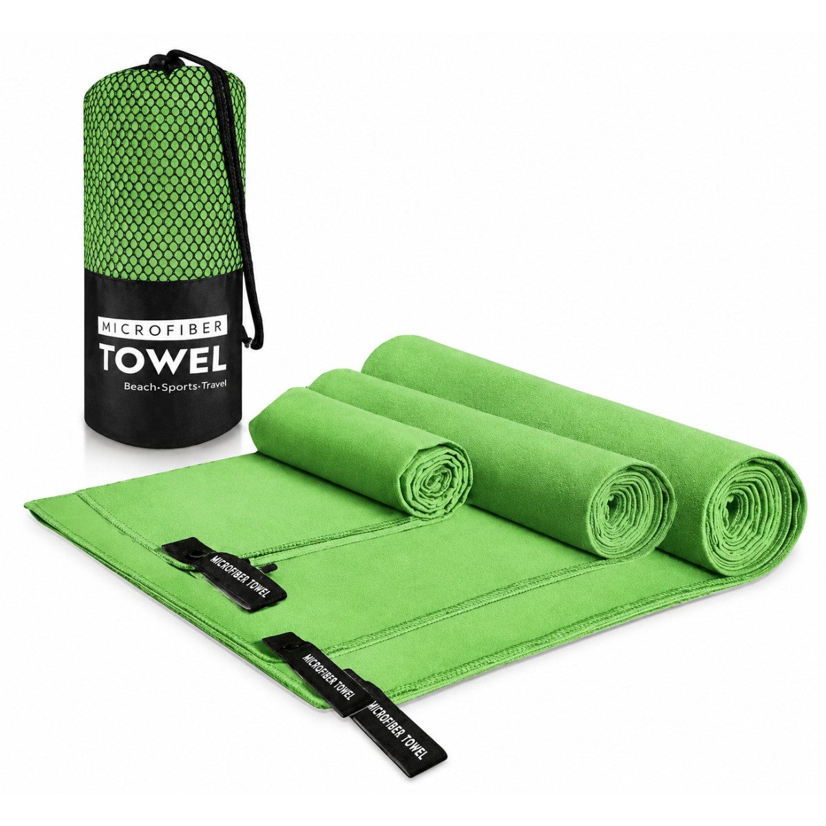 R2 Invest Handtuch Set Mikrofaser Handtücher Set 3er Reisehandtücher mit Etui Grün, (3-St)