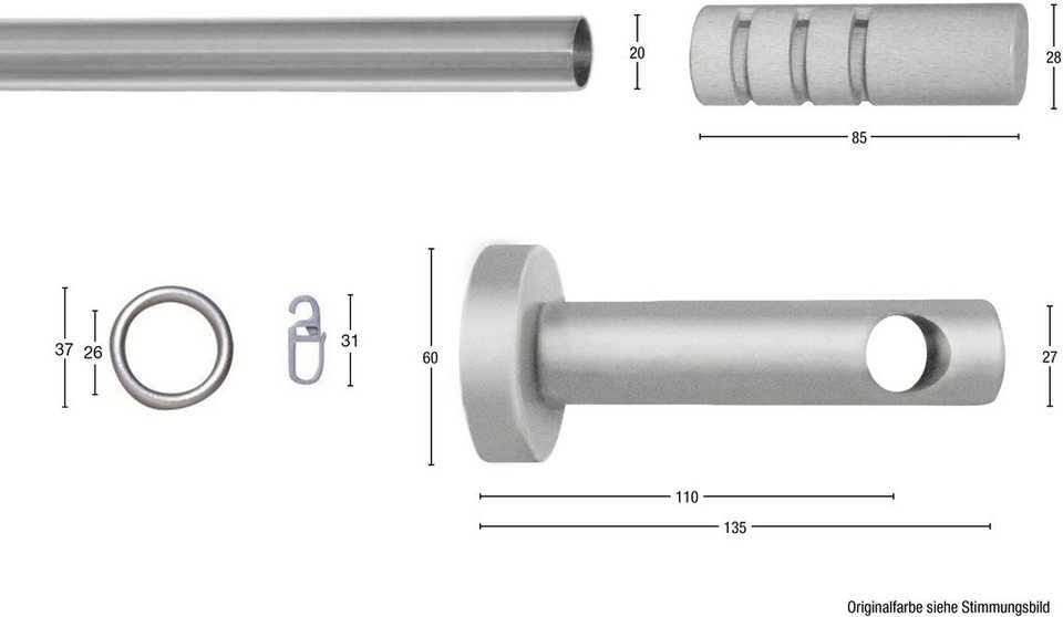 Gardinenstange PEMPIA, GARESA, 1-läufig, Wunschmaßlänge, verschraubt,  Vorhanggarnitur, verlängerbar, Knopf m.Ausschnitte, mit Ringe