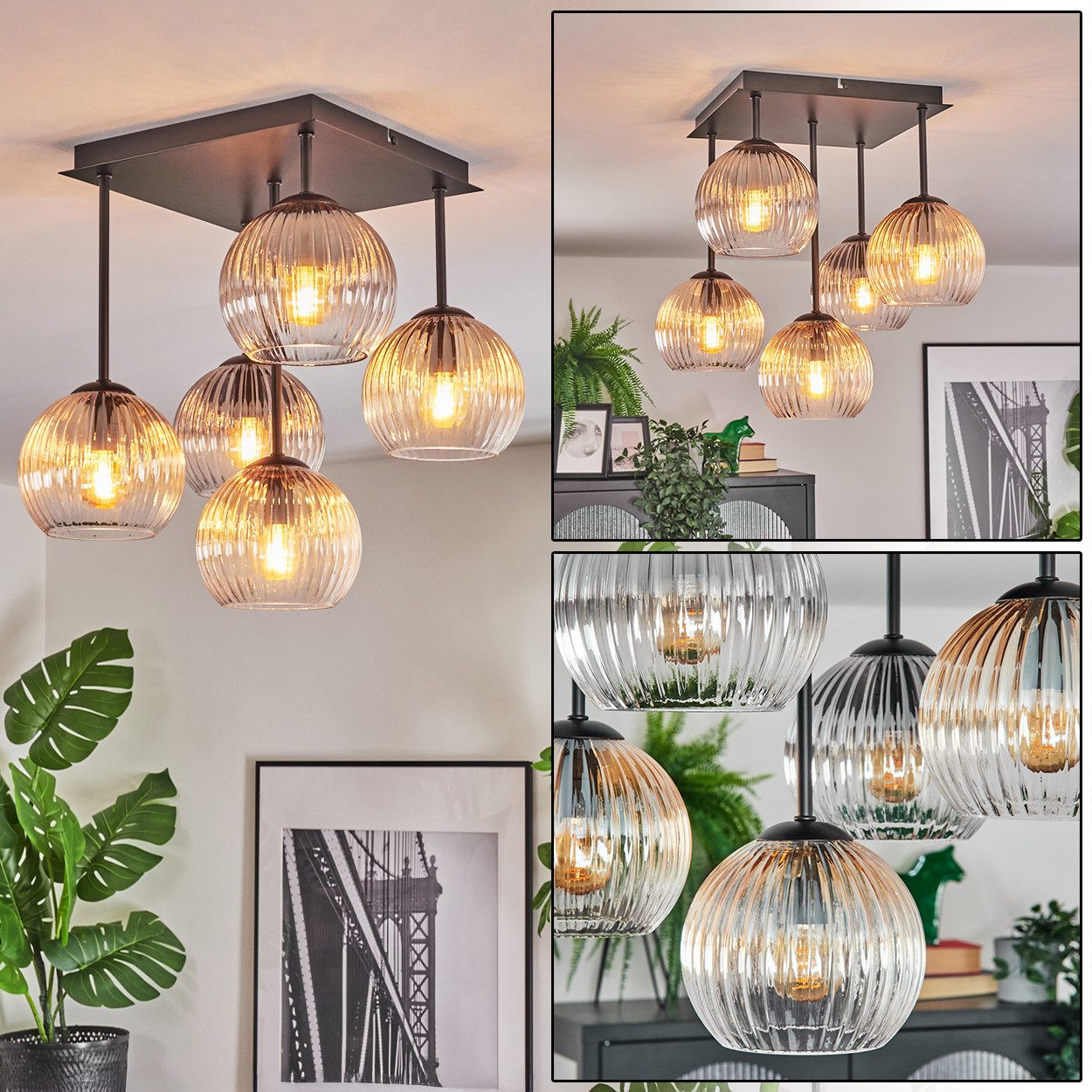 hofstein Deckenleuchte Deckenlampe aus Metall/Riffelglas in Schwarz/Rauch/Bernstein/Klar, Deckenleuchte im Retro/Vintage-Design (Schirme Ø 15 cm), 5 x E14