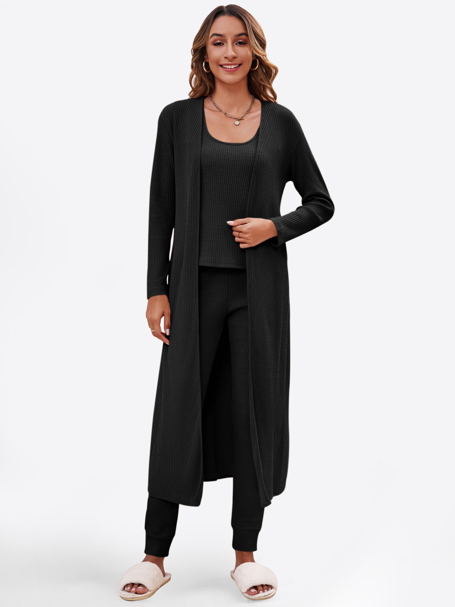 Imily Bela Hausanzug 3-teiliger Damen-Pyjama (Set, 3 tlg., Strickweste + Strickhose + Strickjacke) mit Baumwolle, Waffelstrick